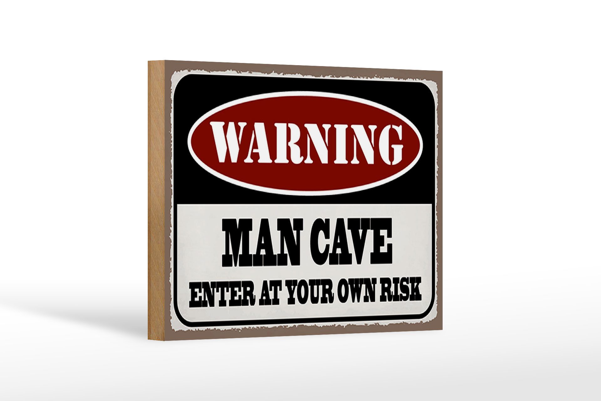 Femer GmbH Holzbild Spruch 18x12 cm Warning man cave enter at your, Sprüche Zitate Lustiges (1 St), Glatte Holzfaserplatte (MDF), vorn beschichtet