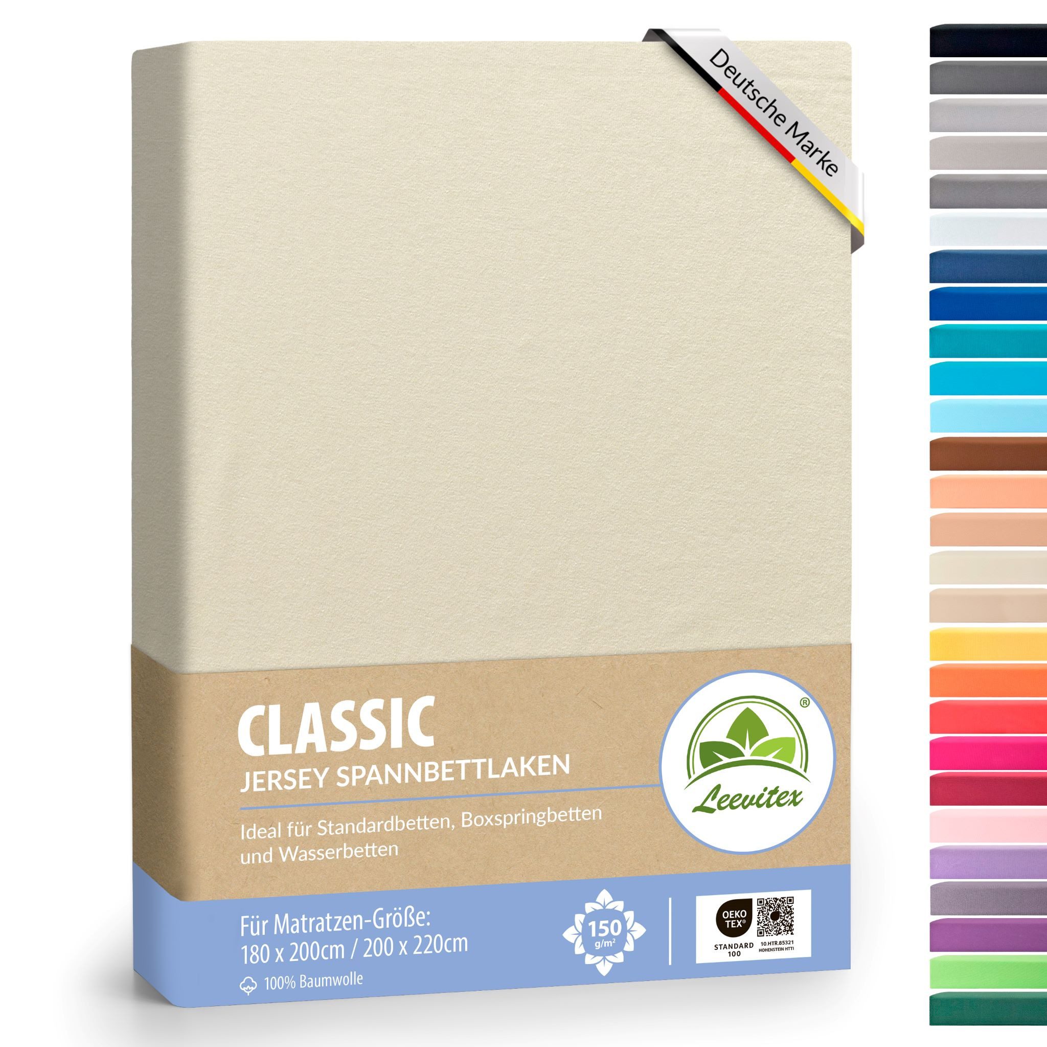 leevitex® Spannbettlaken 180x200 - 200x220 cm, 40 cm Steghöhe, Stoffdicke 150 g/m², Jersey, Gummizug: rundum, (1 Stück), OEKO-TEX® Standard 100 Zertifikatsnummer 10.HTR.85321 zertifiziert