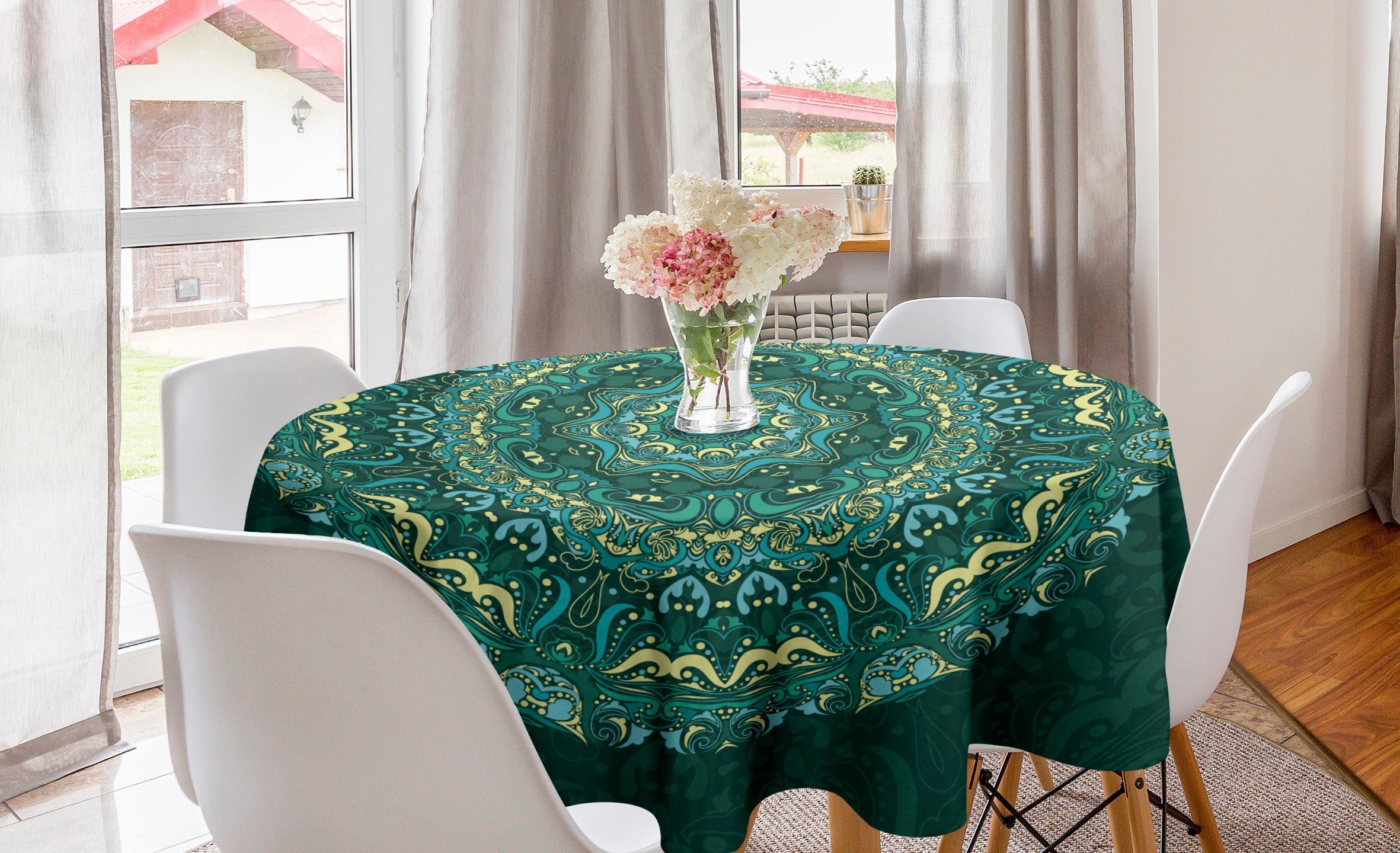 Abakuhaus Tischdecke Kreis Tischdecke Abdeckung für Esszimmer Küche Dekoration, Teal Eastern Mandala
