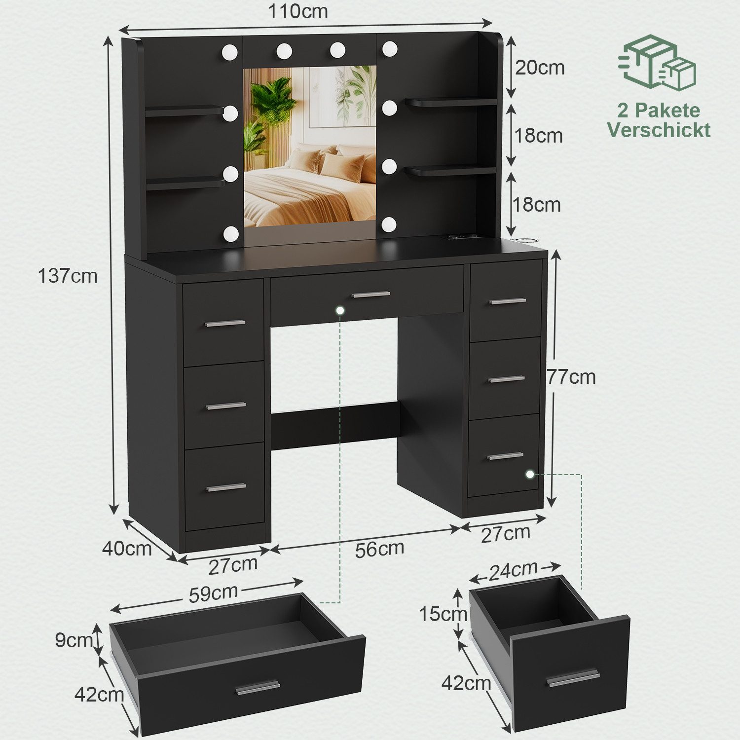 HOMALL Schminktisch Mit dreifarbiger LED-Beleuchtung, mit Spiegel, optional günstig online kaufen