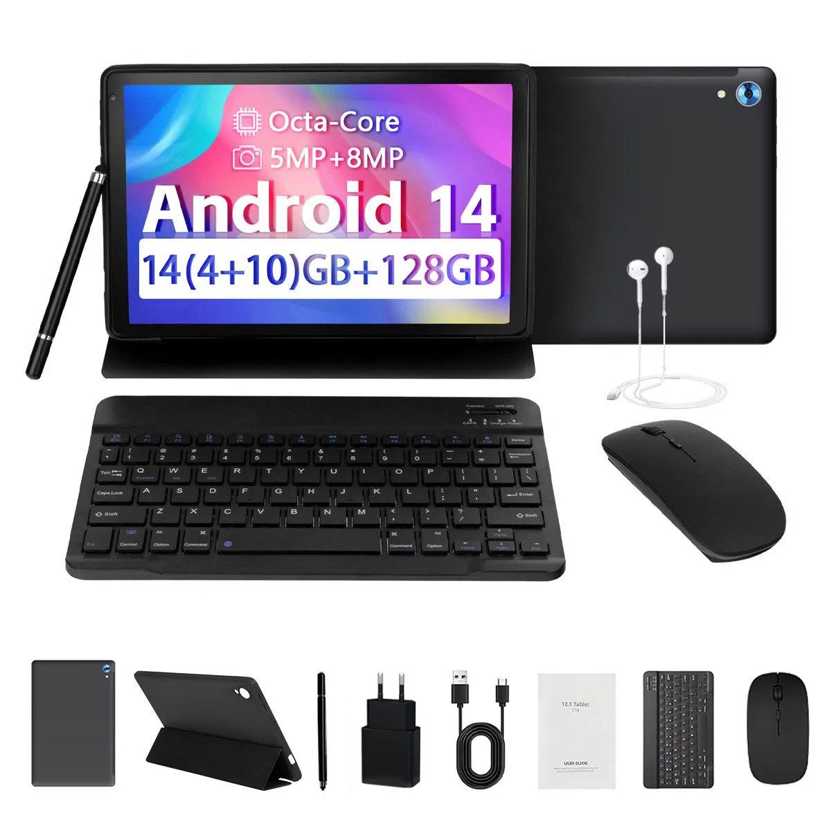 10.1'' Tablet mit Tastatur, Schutzhülle, Maus, Stylus, BT 5.0 WiFi 6 Tablet
