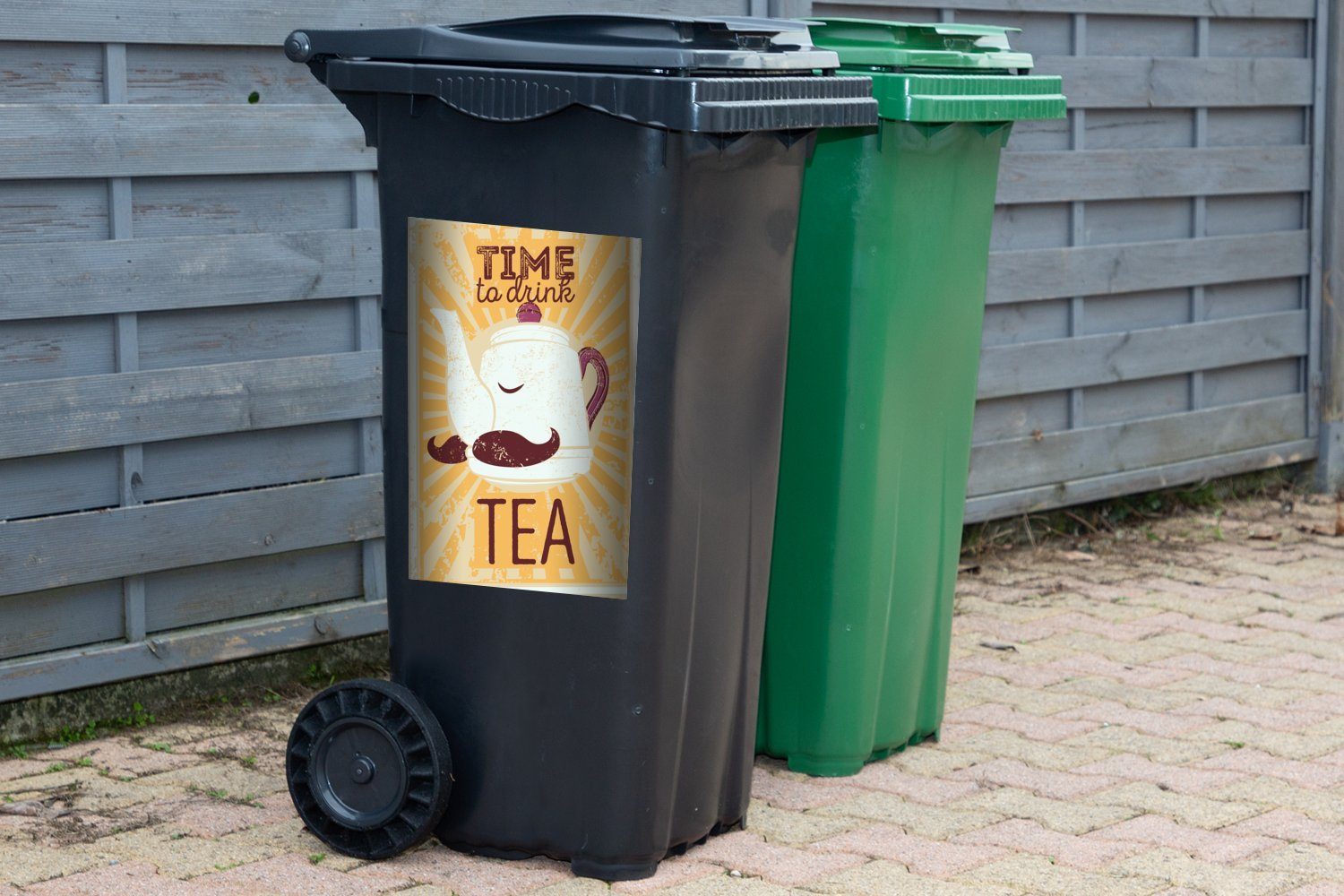 gelbem Mülltonne, St), Wandsticker einer Container, MuchoWow Hintergrund (1 Mülleimer-aufkleber, Teekanne auf Sticker, Abfalbehälter Illustration