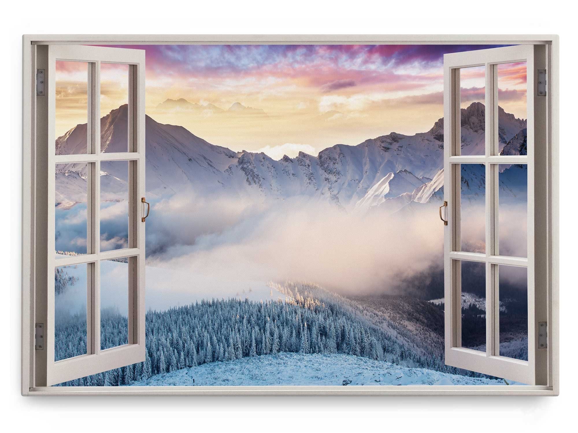 Leinwandbild Wandbild 120x80cm Fensterbild Berge Winter Schnee Tannenwald Sonnenunt