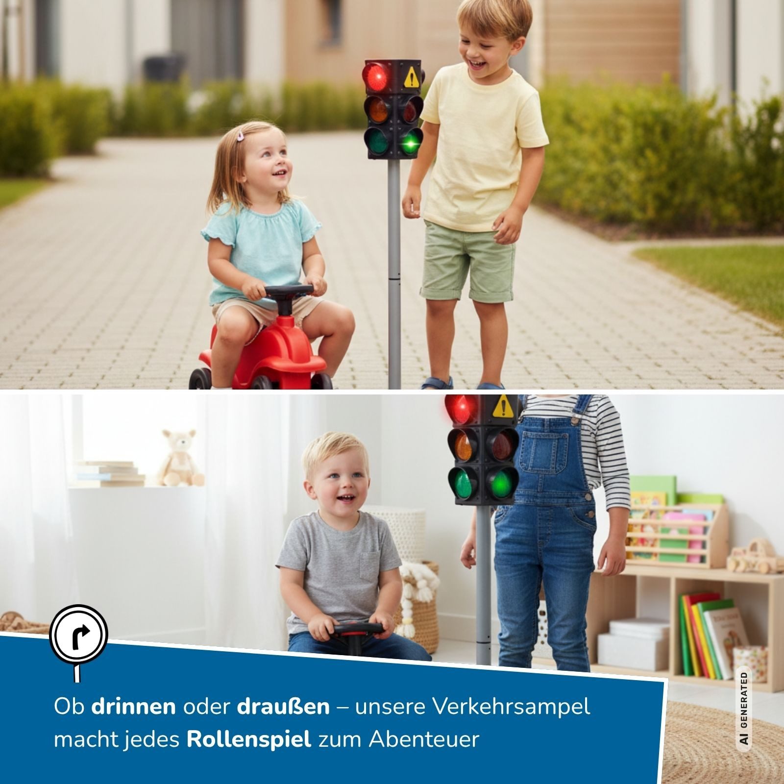 alldoro Spiel-Verkehrszeichen Verkehrsampel für Kinder, 80 cm hoch, mit Licht & Sound, Befüllbarer Standfuß, Lernampel für Verkehrserziehung und Rollenspiel