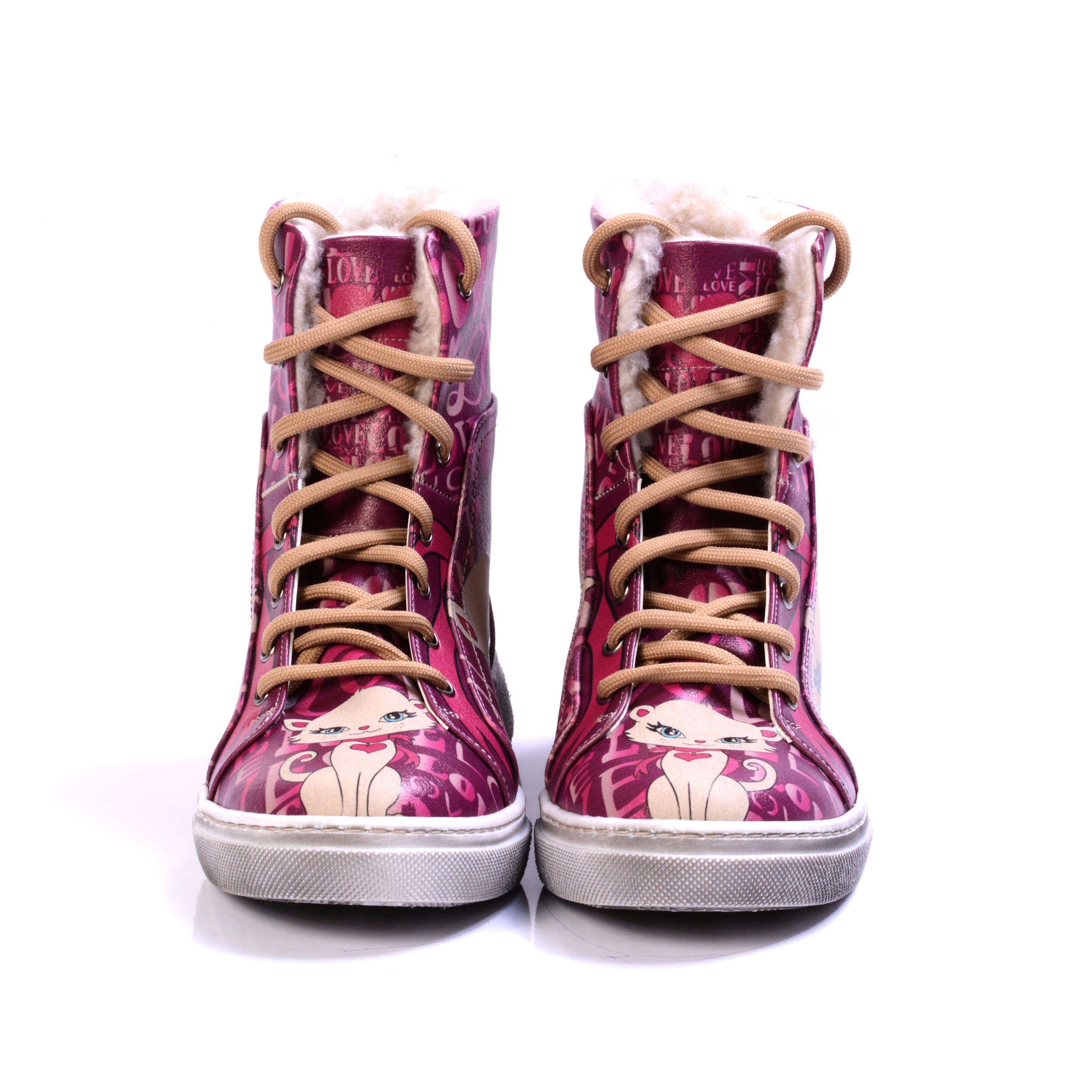 damenstiefel in Pink mit Süßem Katzendesign Schnürstiefel