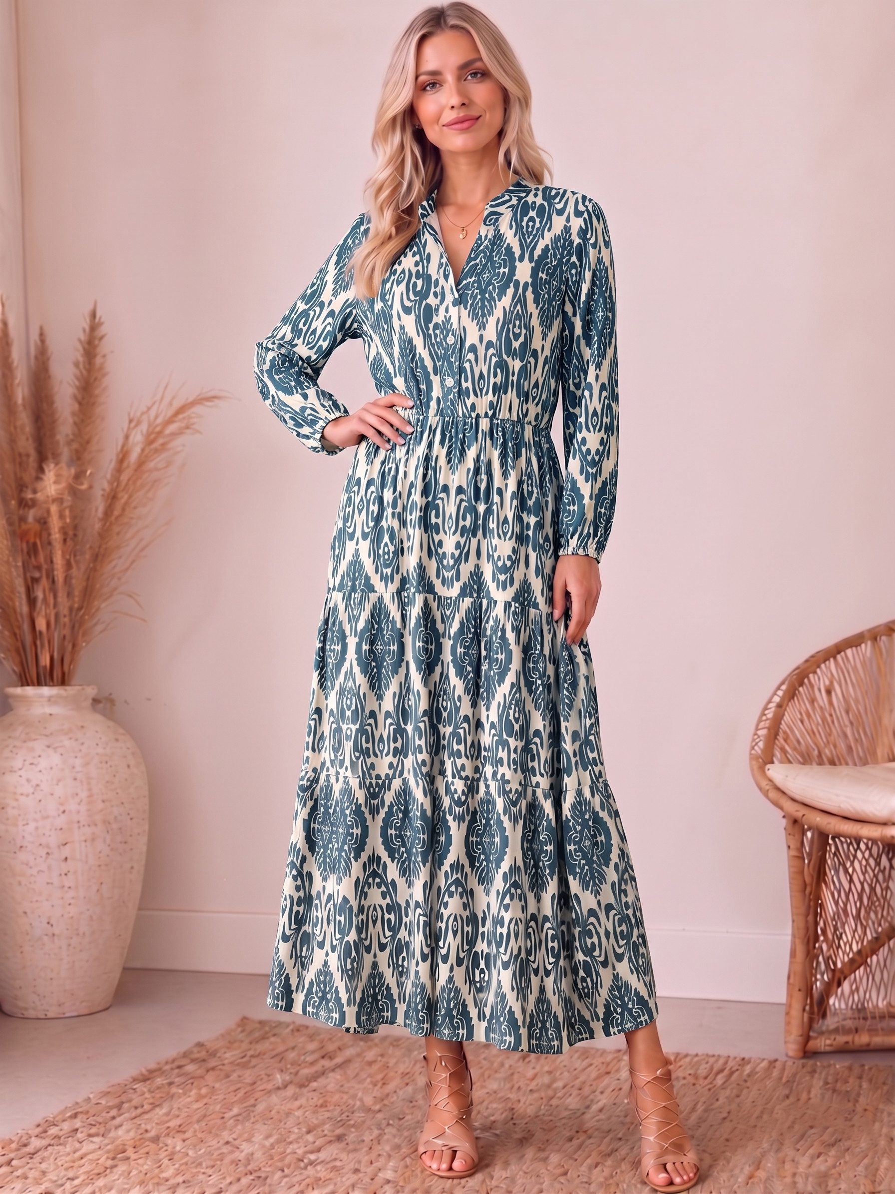 Kendindza Collection Maxikleid Sommerkleid Damen Lang Viskose Elegantes Sommer Kleid lang Maxi Kleid Ikat-Print Knopfleiste & Schnurbund, Luftig Leicht