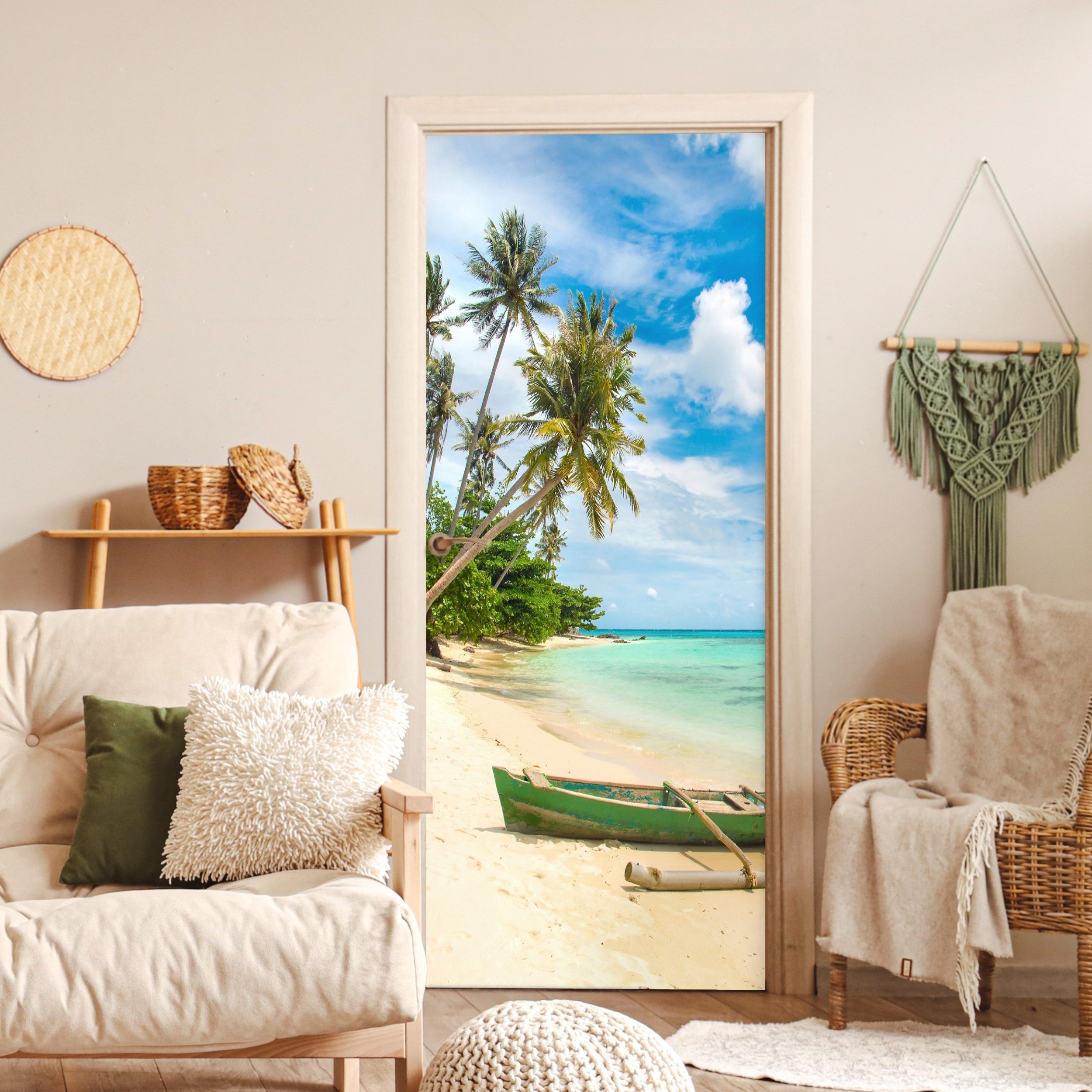 MuchoWow Türtapete Strand - Kanu - Palme - Tropisch, Matt, bedruckt, (1 St), Selbstklebende Tapete, Folie für Möbel, 70x215 cm – Bild 4 von 5