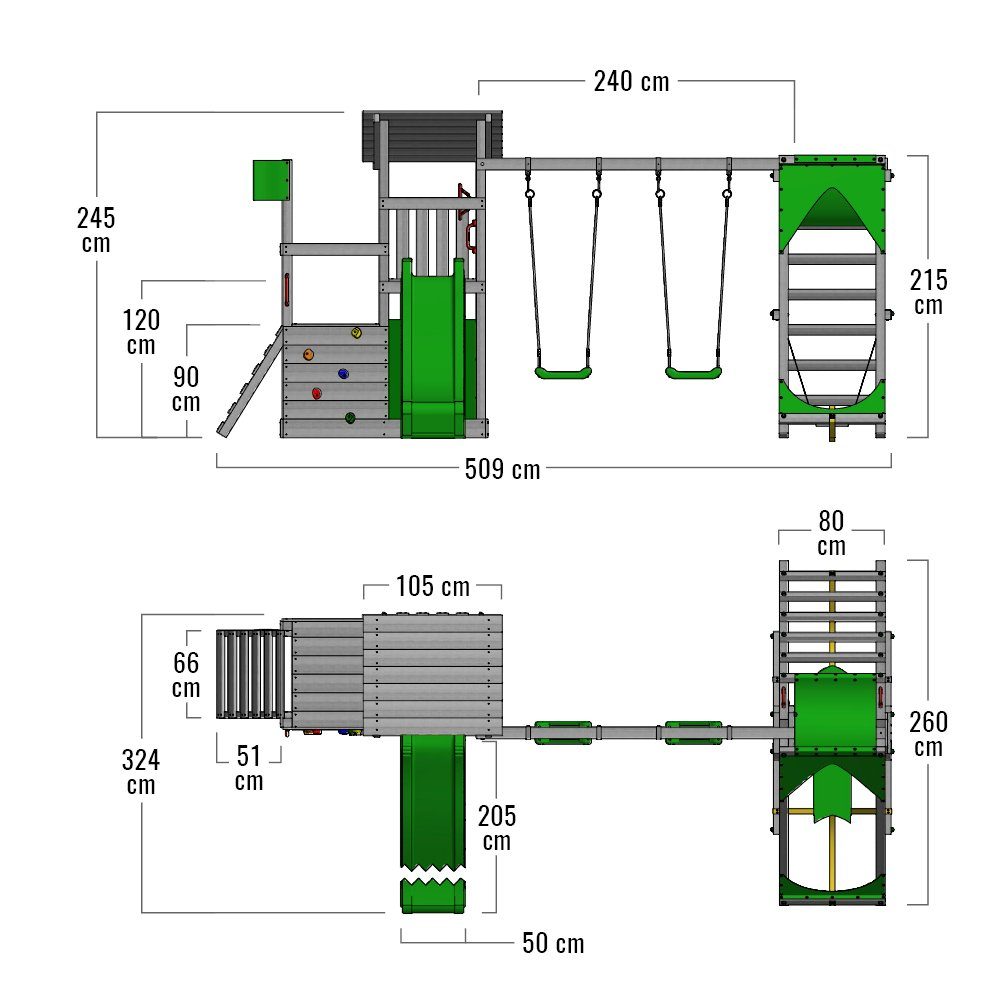 Rutsche apfelgrün/apfelgrün FATMOOSE Schaukel Fun Sandkasten Integrierter & 10-jährige SurfSwing, Garantie*, FruityForest mit Kletterturm und Spielturm