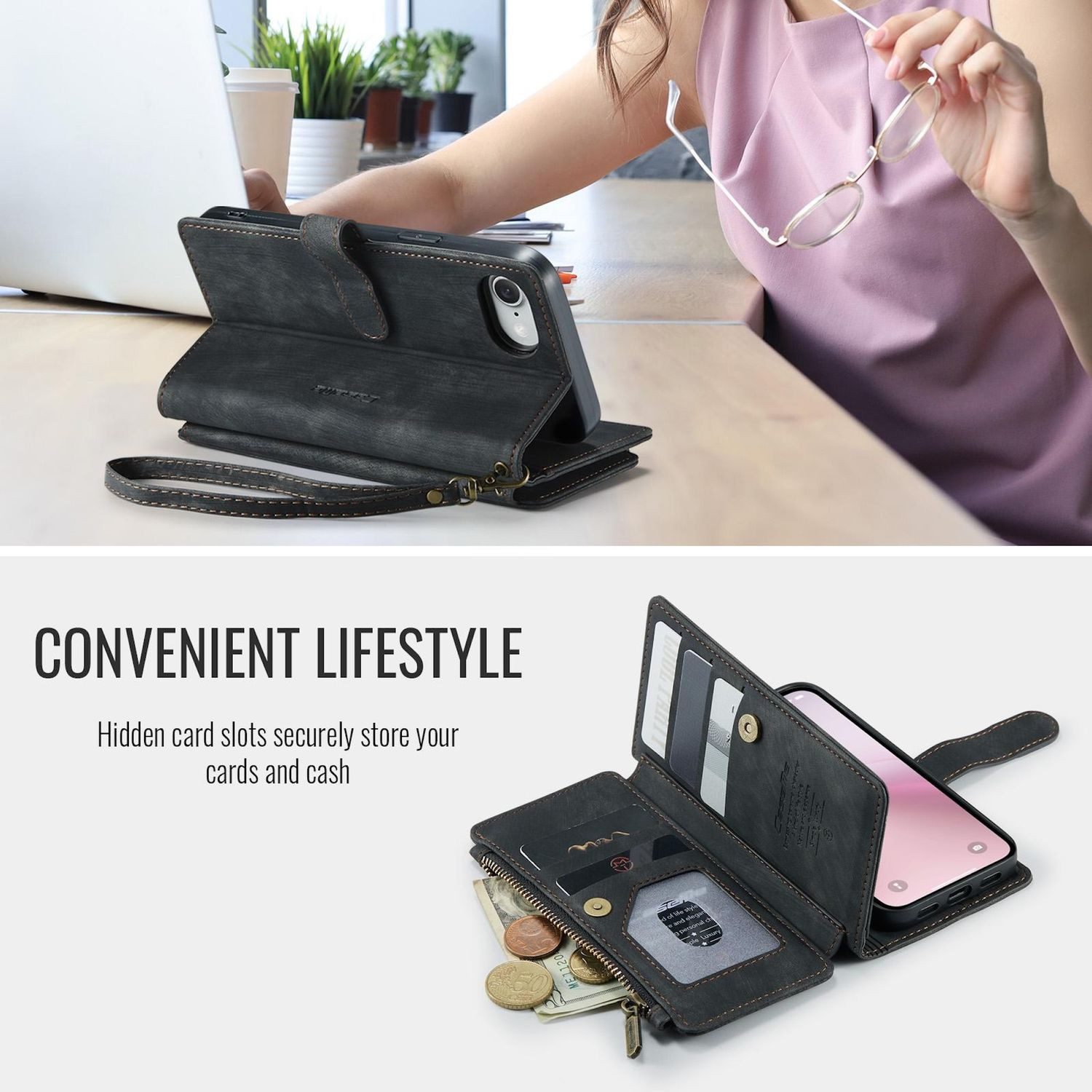 CaseMe Handyhülle Klapptasche für Apple iPhone 17e / 16e Kunstleder Multifunktion Zipper, Kunst-Leder Schutz Tasche Smart Case Multifunktion