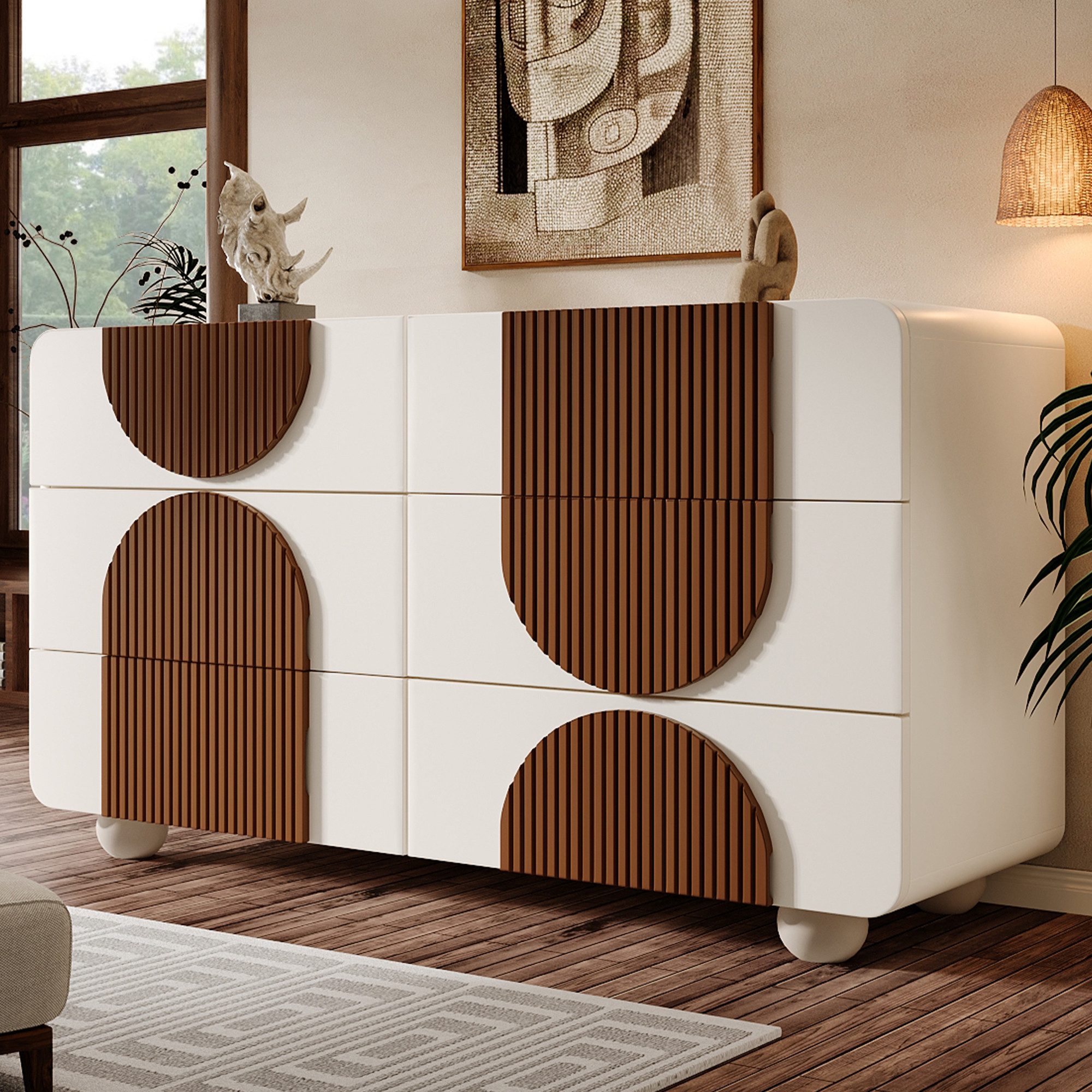 Flieks Kommode mit 6 Schubladen & geschwungenem Design (121x71x41 cm, 1 St., Beine aus Massivholz), Sideboard mit schokoladenfarbenen Holzleisten Mehrzweckschrank Weiß