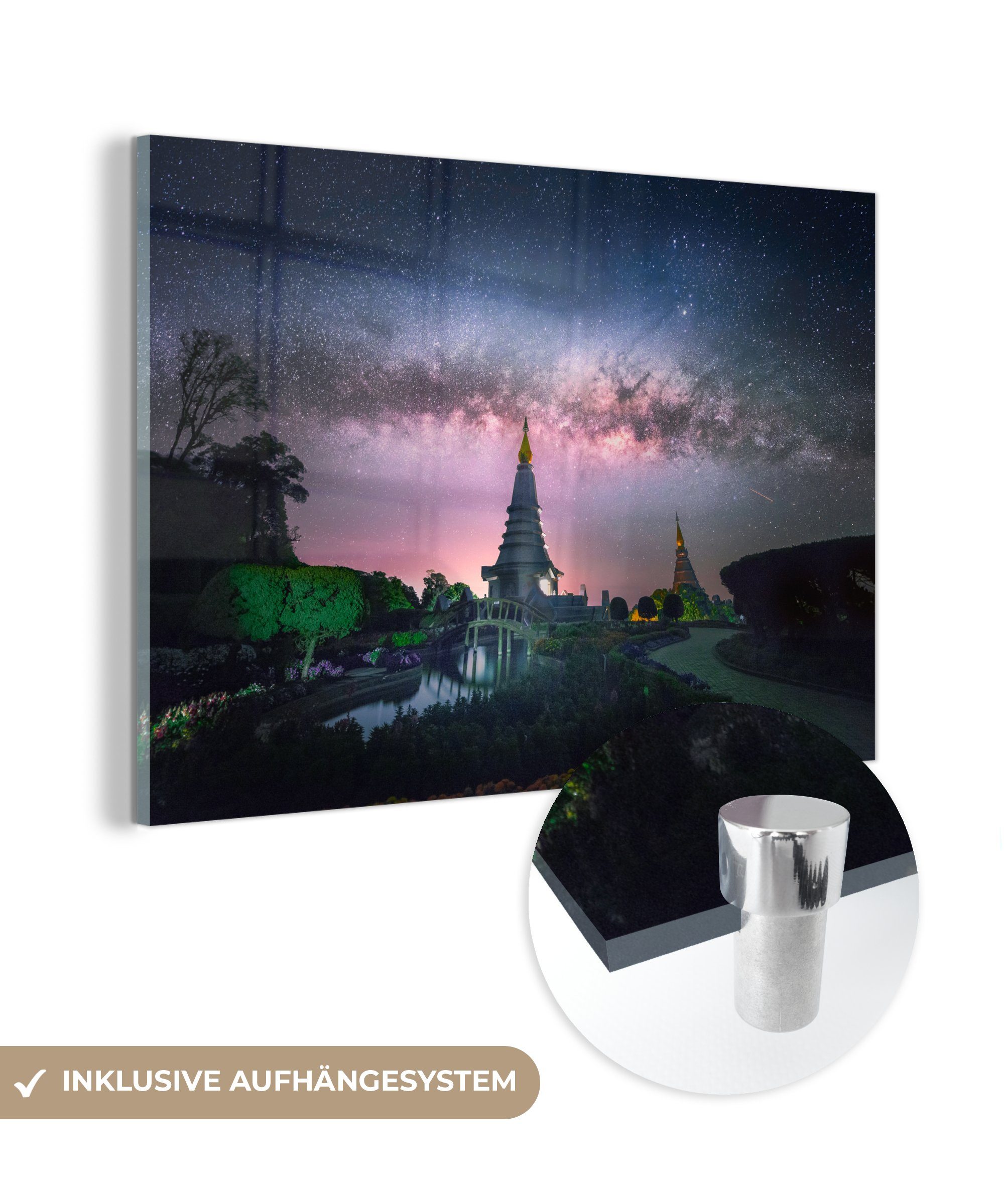 MuchoWow Acrylglasbild Die Milchstraße bei den beiden königlichen Tempeln im Doi Inthanon, (1 St), Acrylglasbilder Wohnzimmer & Schlafzimmer