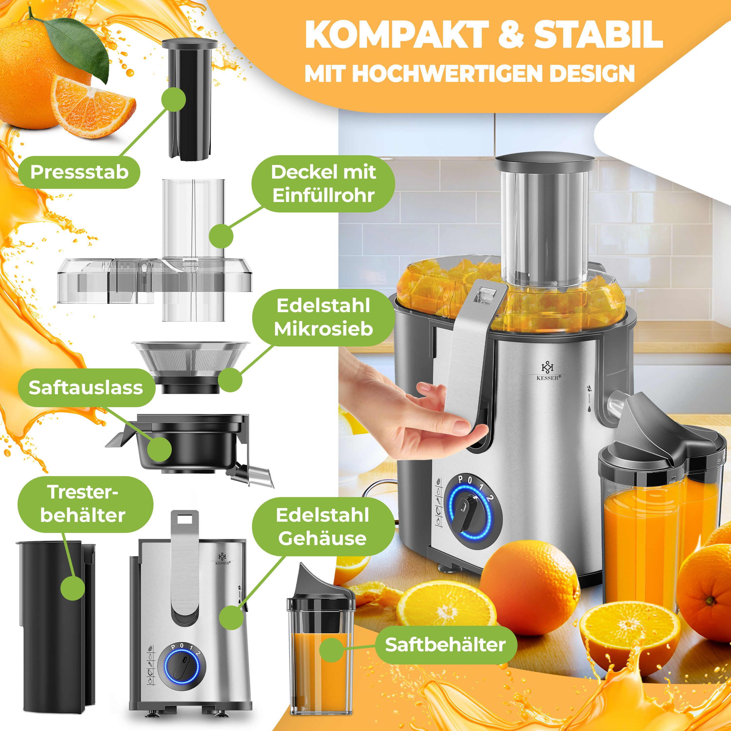 KESSER Entsafter, 1100 W, Entsafter für Obst und Gemüse aus Edelstahl 1100W