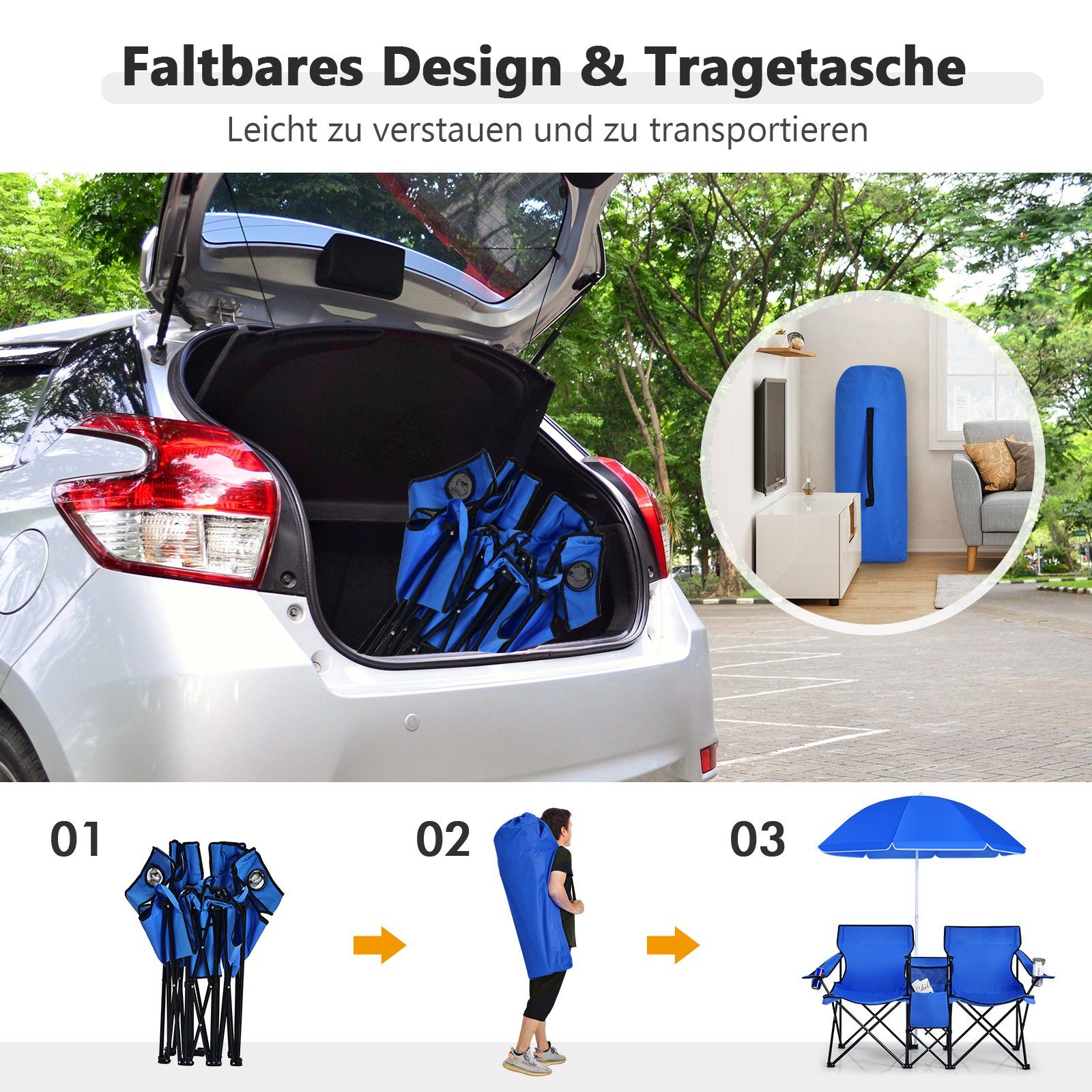 Getränkehalter COSTWAY & mit Kühltasche, Sonnenschirm, Campingstuhl, faltbar Blau