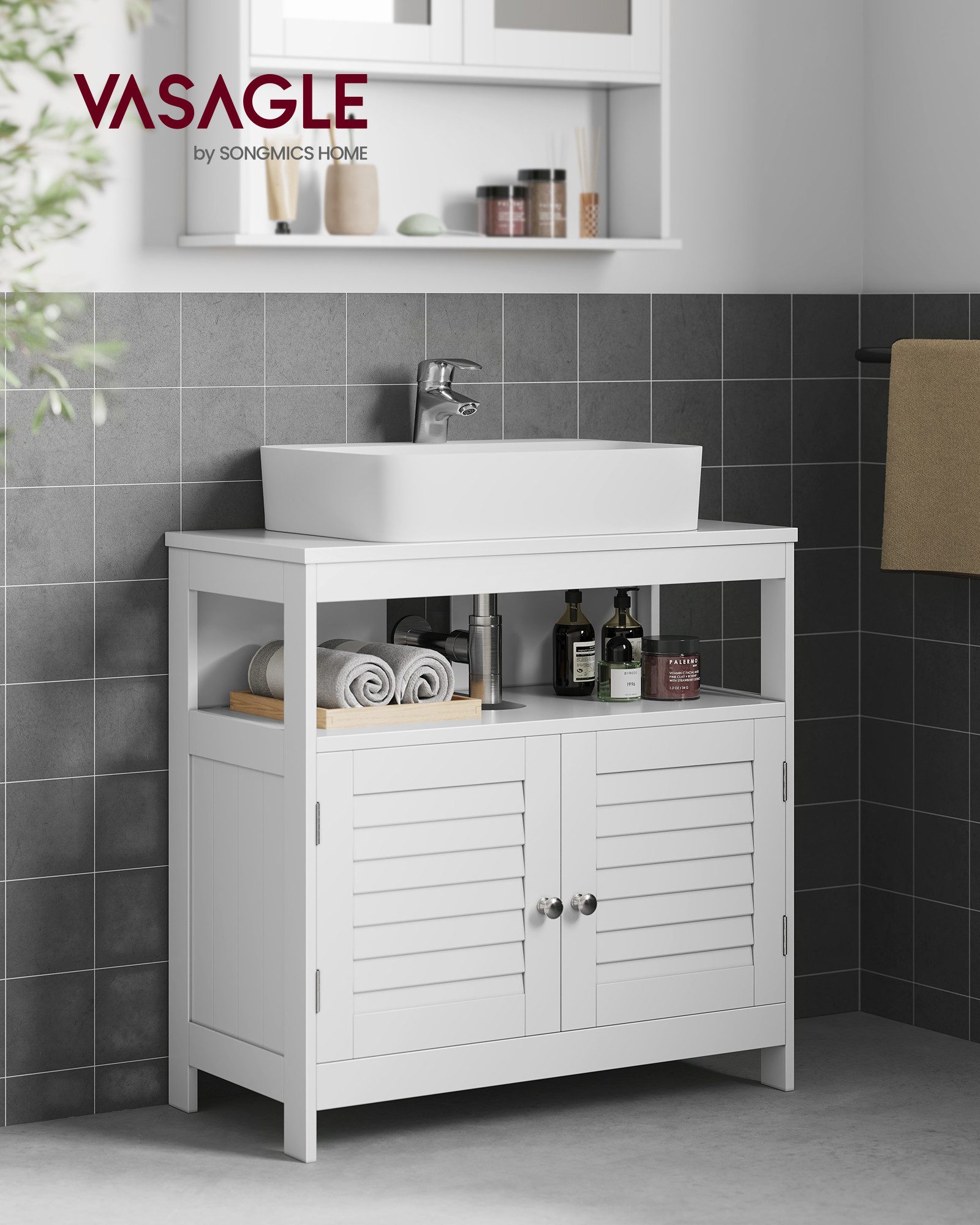 VASAGLE Waschbeckenunterschrank Badezimmerschrank Aufbewahrungsschrank mit 2 Lamellentüren, viel Stauraum