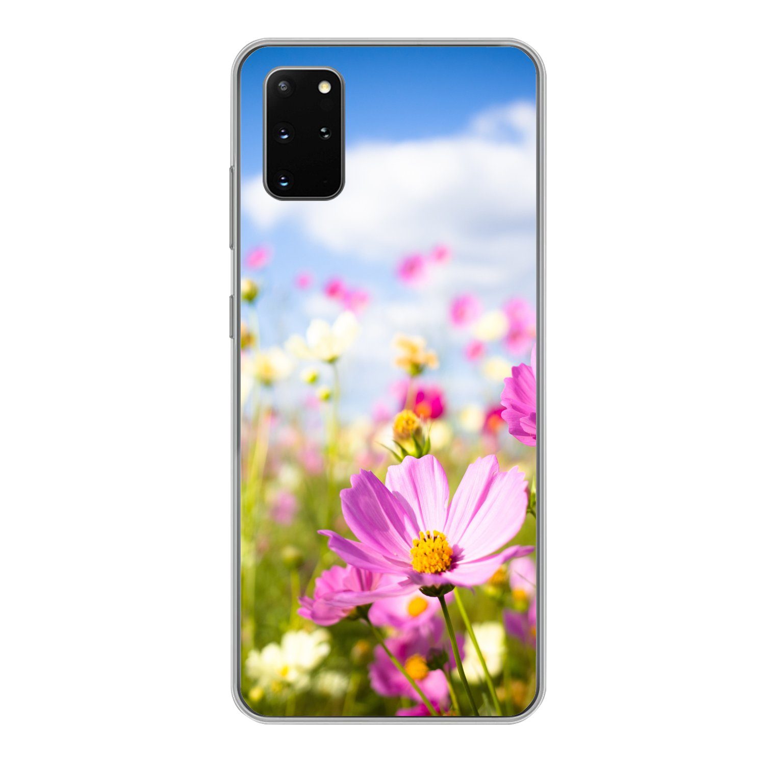MuchoWow Handyhülle für Samsung Galaxy S20 Plus Blumen - Wiese - Lila - Gras - Weiß - Wolk, Phone Case, Silikon, Schutzhülle Dünn