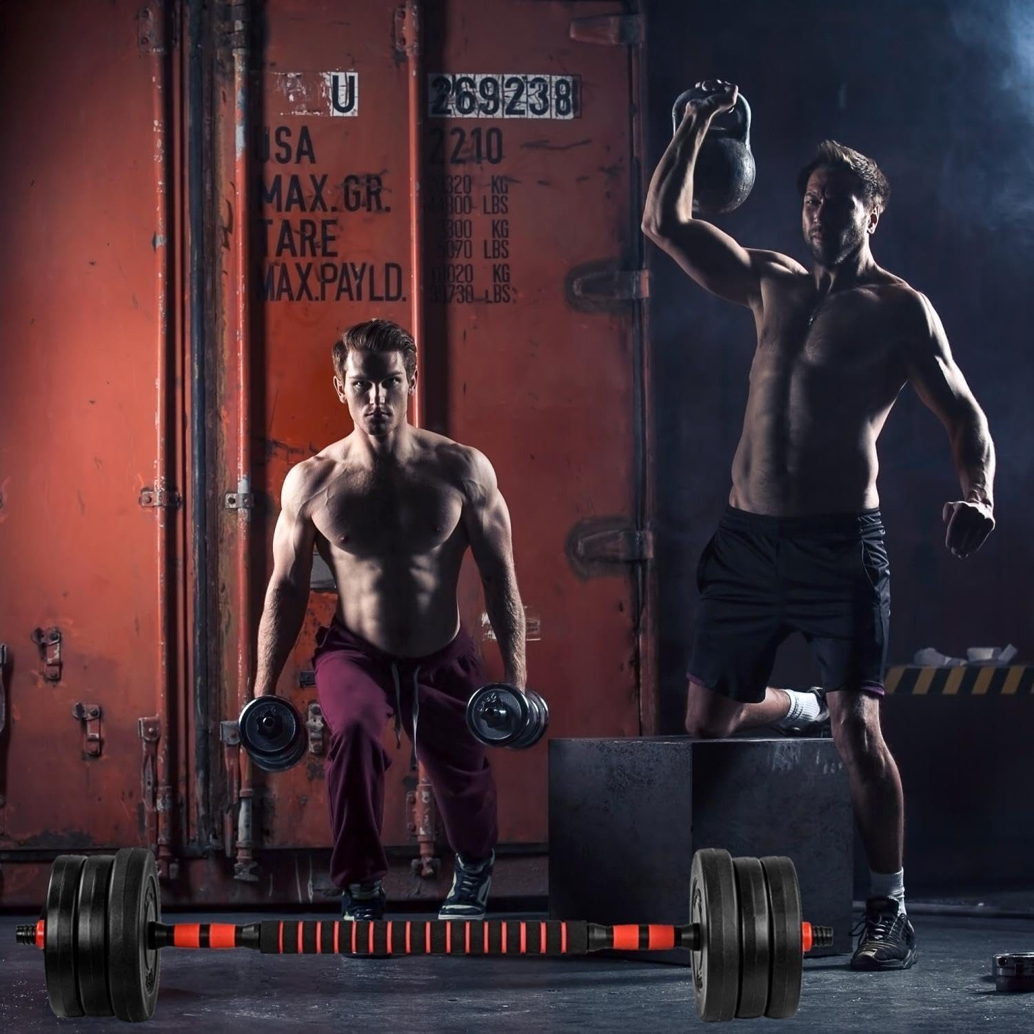 MOVIT Hantel-Set Hanteln Set - 6in1, 20/30kg, Hantel Gewichte, Kurzhanteln, Kettlebell, Schwarz und Rot/Orange, Verstellbare