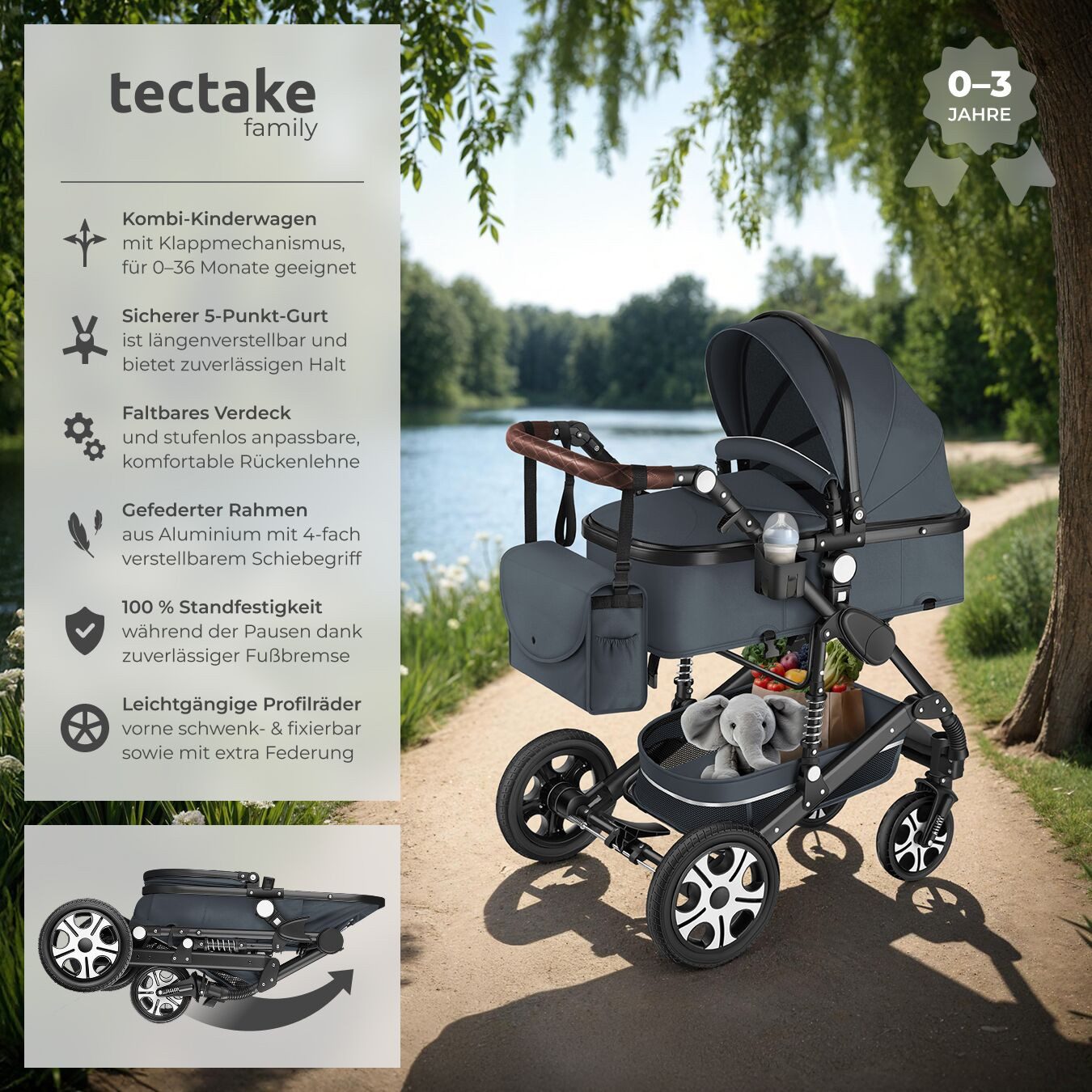 tectake Kombi-Kinderwagen Mats, klappbar, mit 5-Punkt-Gurt, Schutzbügel und Handschlaufe