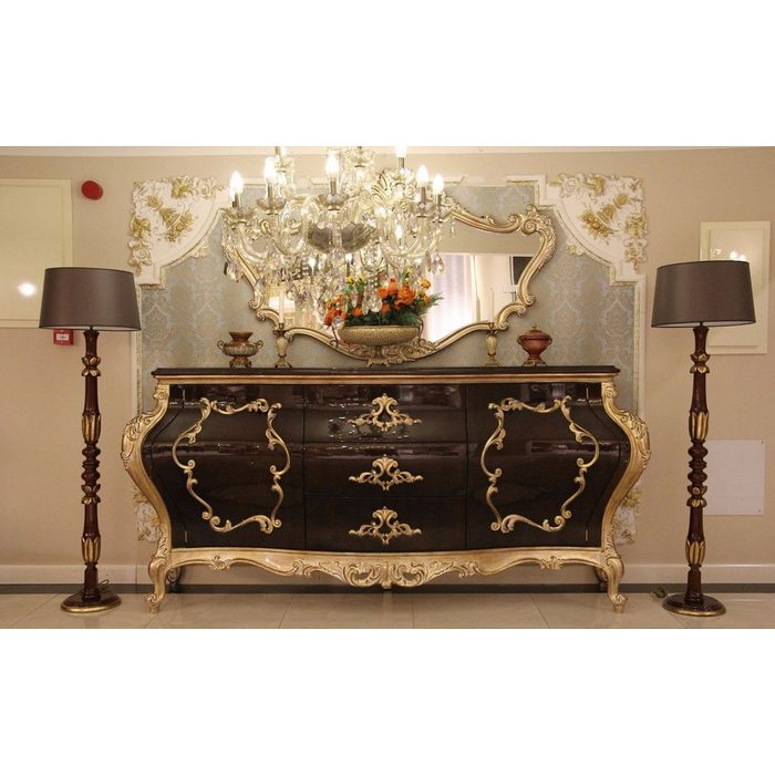 Casa Padrino Kommode Casa Padrino Luxus Barock Kommode mit Wandspiegel Dunkelbraun / Gold - Handgefertigter Massivholz Schrank mit elegantem Spiegel - Prunkvolle Möbel im Barockstil