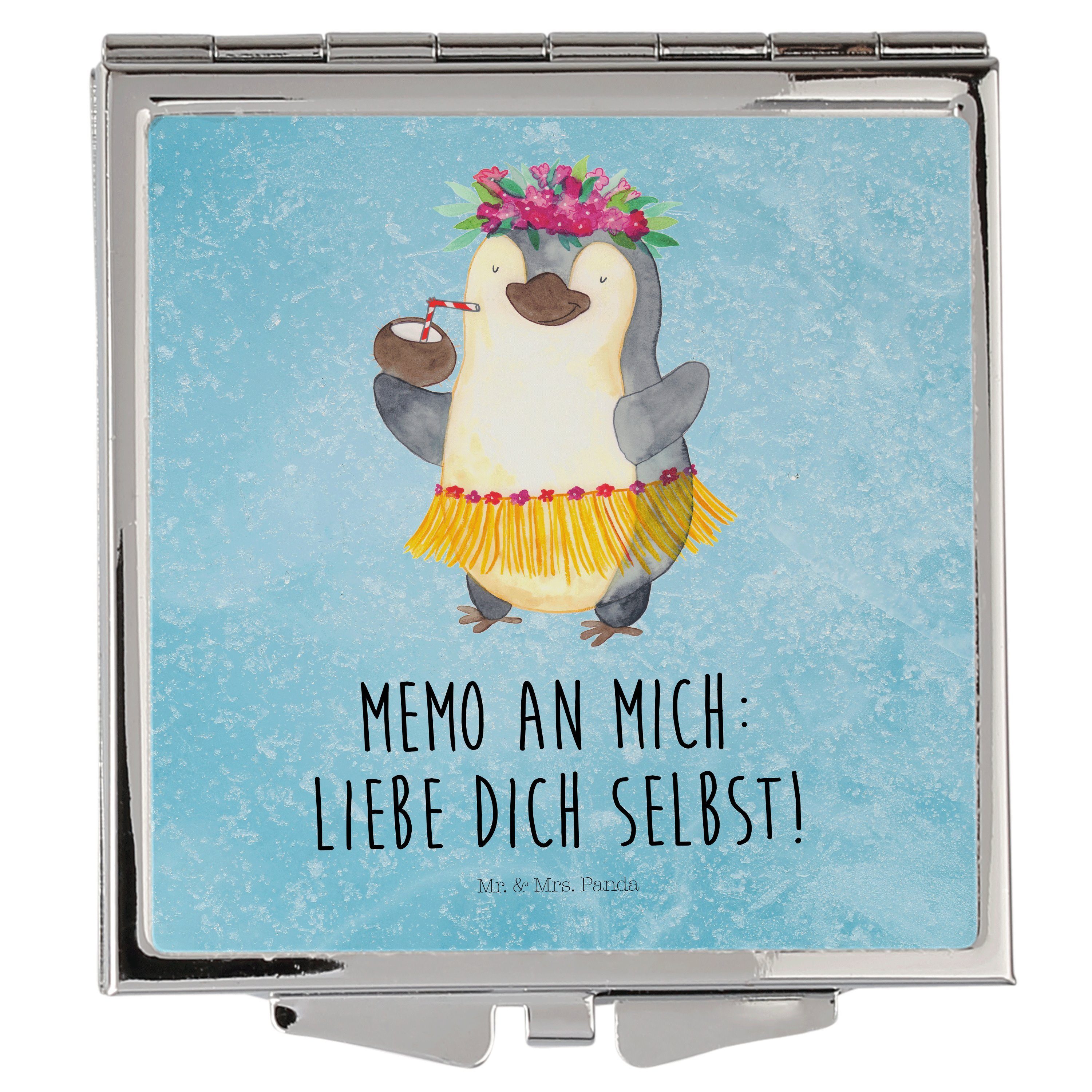 Mr. & Mrs. Panda Kosmetikspiegel Pinguin Kokosnuss - Eisblau - Geschenk, Hawaii, Spiegel, Pinguine, ta (1-St)