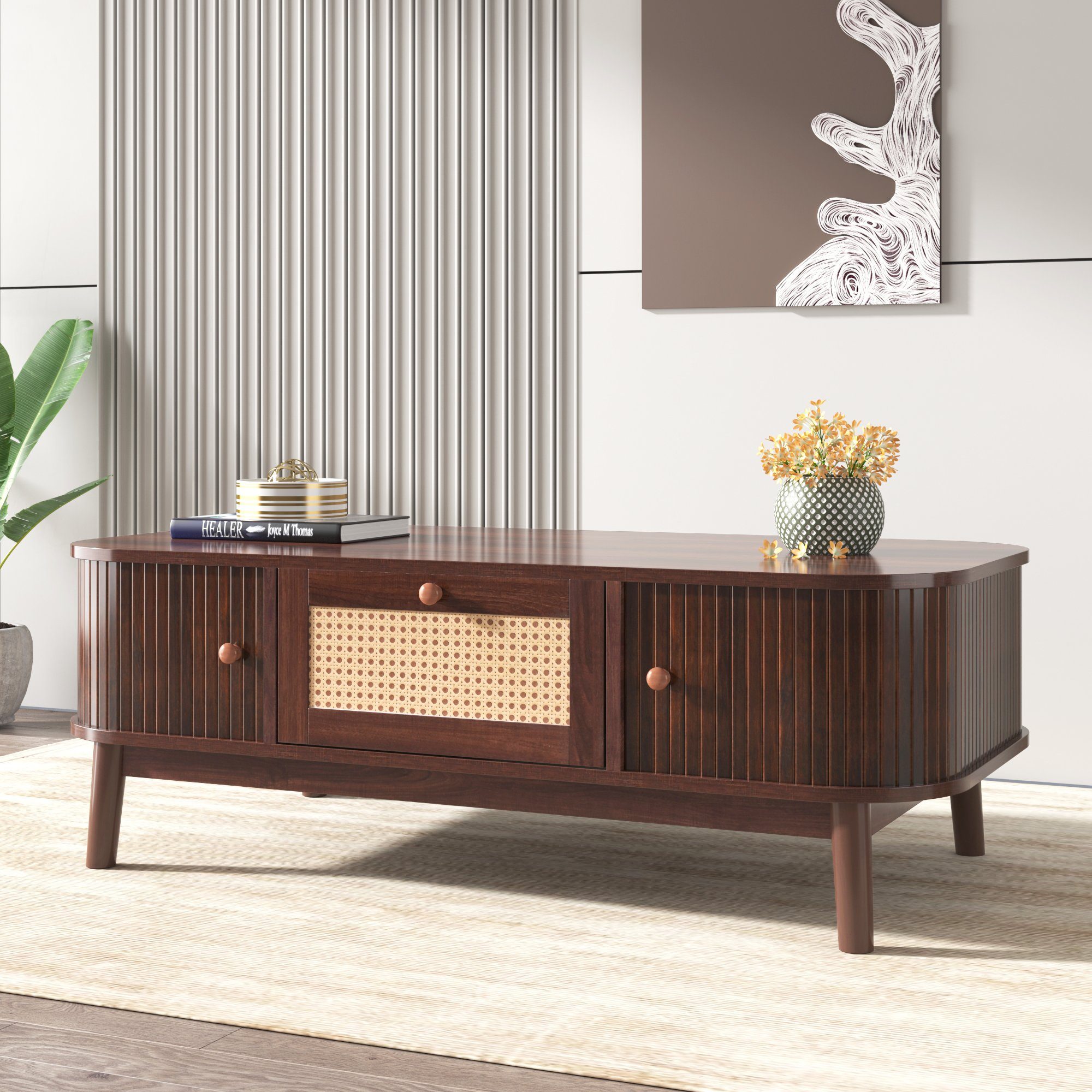 REDOM Couchtisch Eleganter Rattan-Couchtisch mit Massivholz-Türen günstig online kaufen