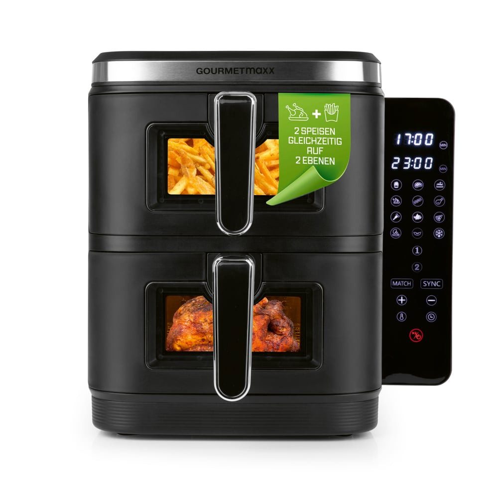 GOURMETmaxx Heißluftfritteuse FryUp Vertikale Doppelkammer-Heißluftfritteuse, 10 l - Touchscreen, Sichtfenster, 2800 W, Power von 2 Fritteusen in einem mit Sichtfenster 12 Programme