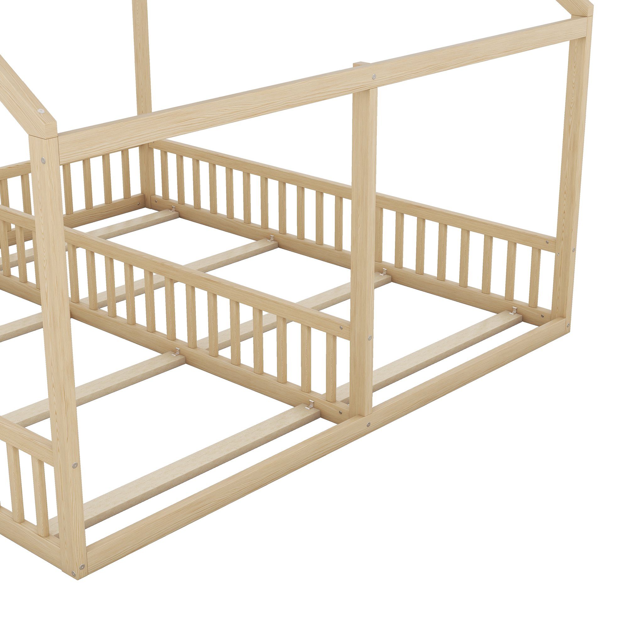WISHDOR Kinderbett Funktionsbett Holzbett 2-in-1-Betten Betten, (flache Hausmodelle, Natur 2-in-1-Betten), ohne Einzelbetten, Matratze