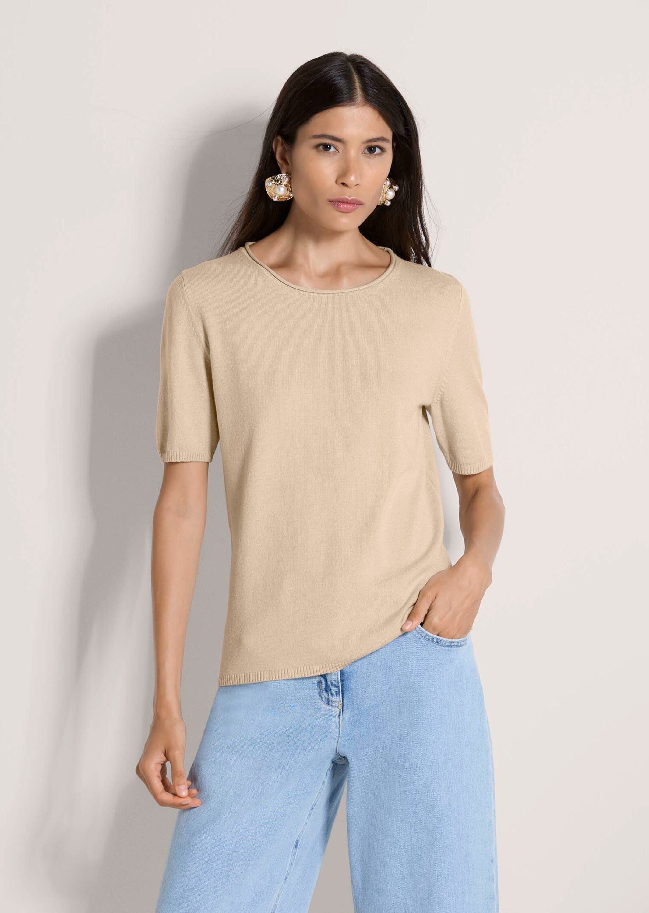 MADELEINE Strickpullover Sommerpulli mit Rollkante Feinstrickpullover mit Rundhals, Rippenabschlüssen und Halbarm