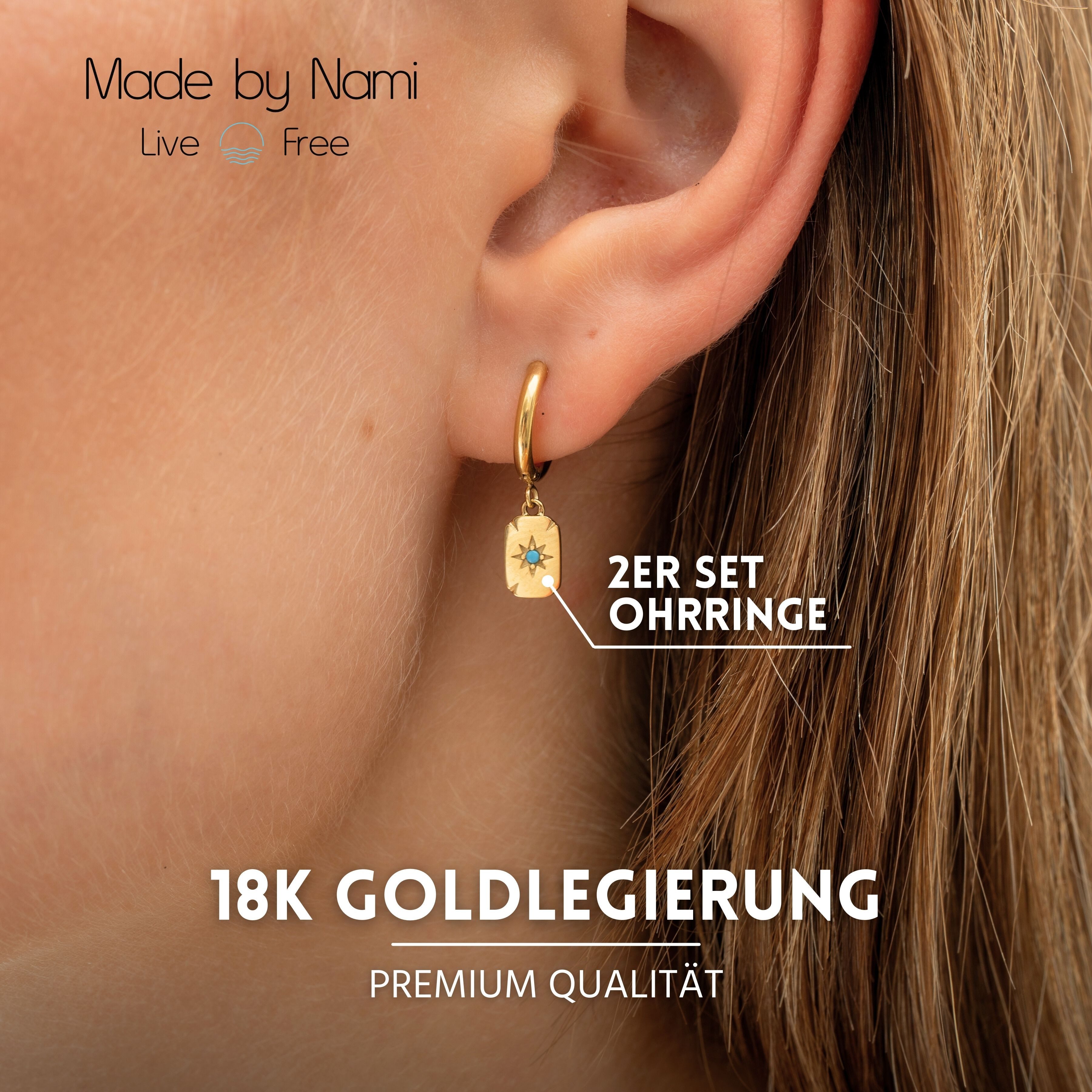 Made by Nami Paar Ohrhänger Ohrringe Damen Stern Türkisstein Edelstahl goldfarben Boho, aus Edelstahl – mit Sternmotiv – mit Türkisstein – Boho-Stil – Bild 2 von 5