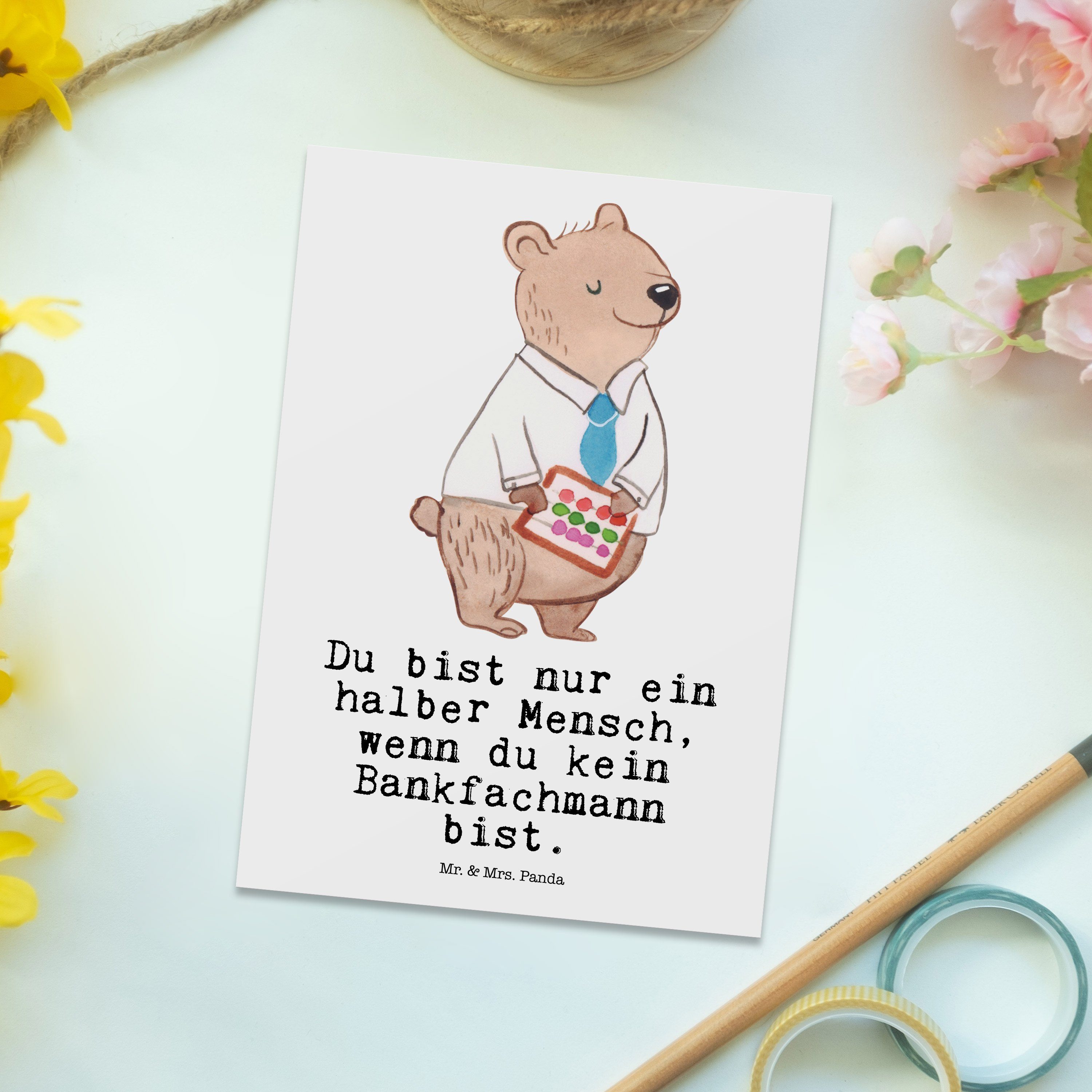 E Schenken, Mrs. - Panda & Mr. Geschenk, Herz Einladungskarte, Postkarte Weiß - Bankfachmann mit