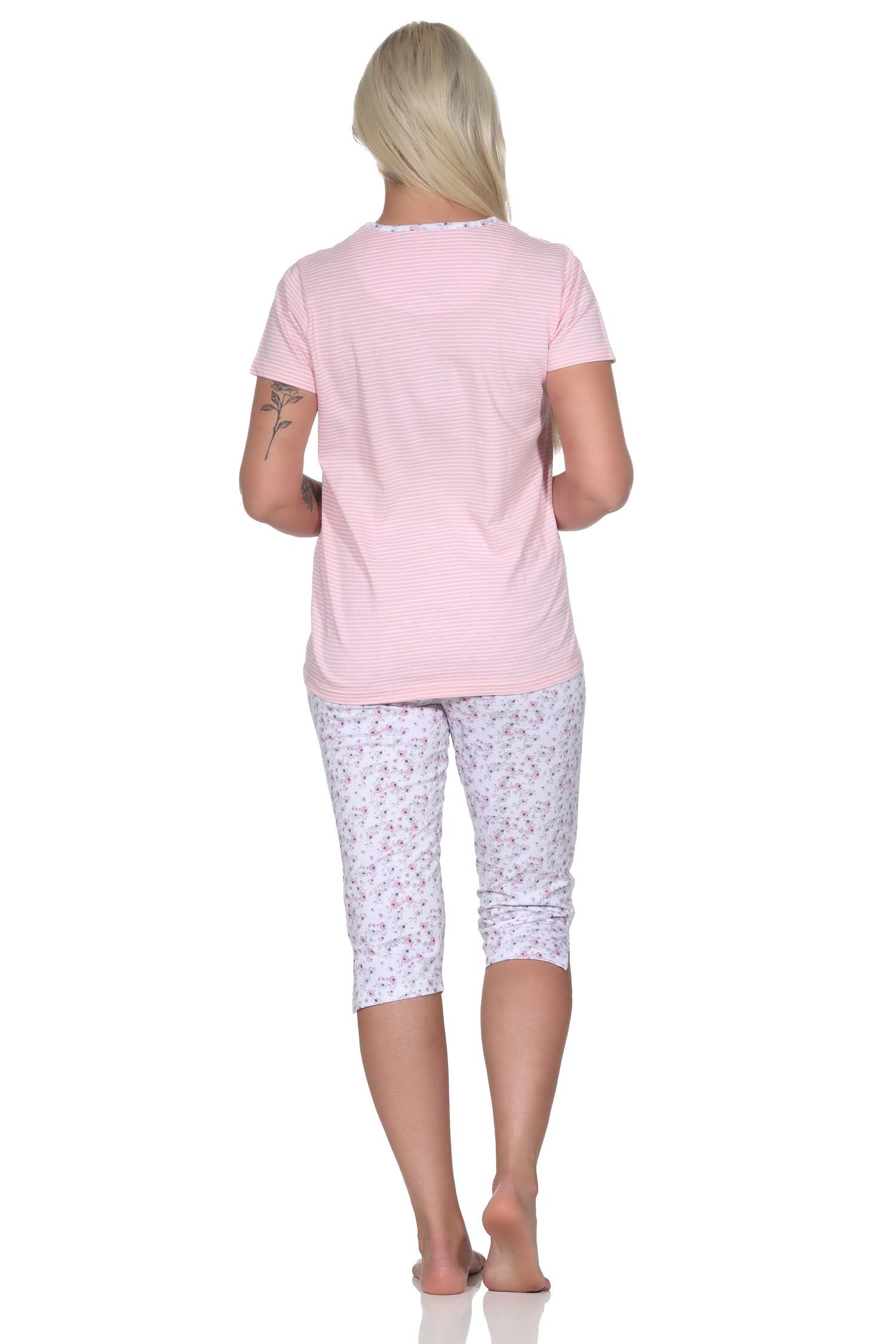 Normann Pyjama Floraler Damen Capri Schlafanzug mit Streifen, 3/4 Hose & Rundhals
