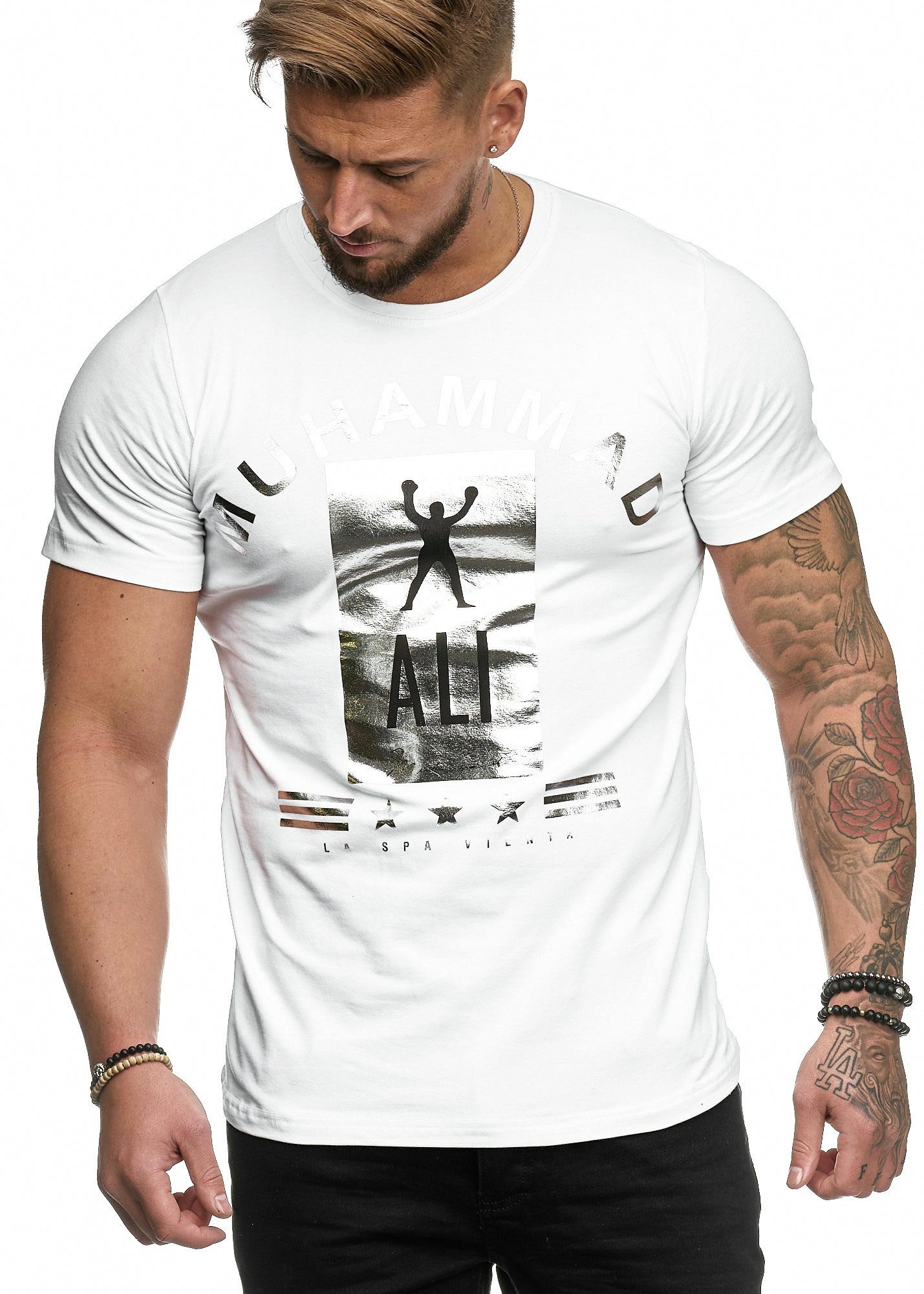 Polo Weiss Tee, 1-tlg) Kurzarmshirt 3288C Freizeit (Shirt Fitness Casual OneRedox Silber T-Shirt