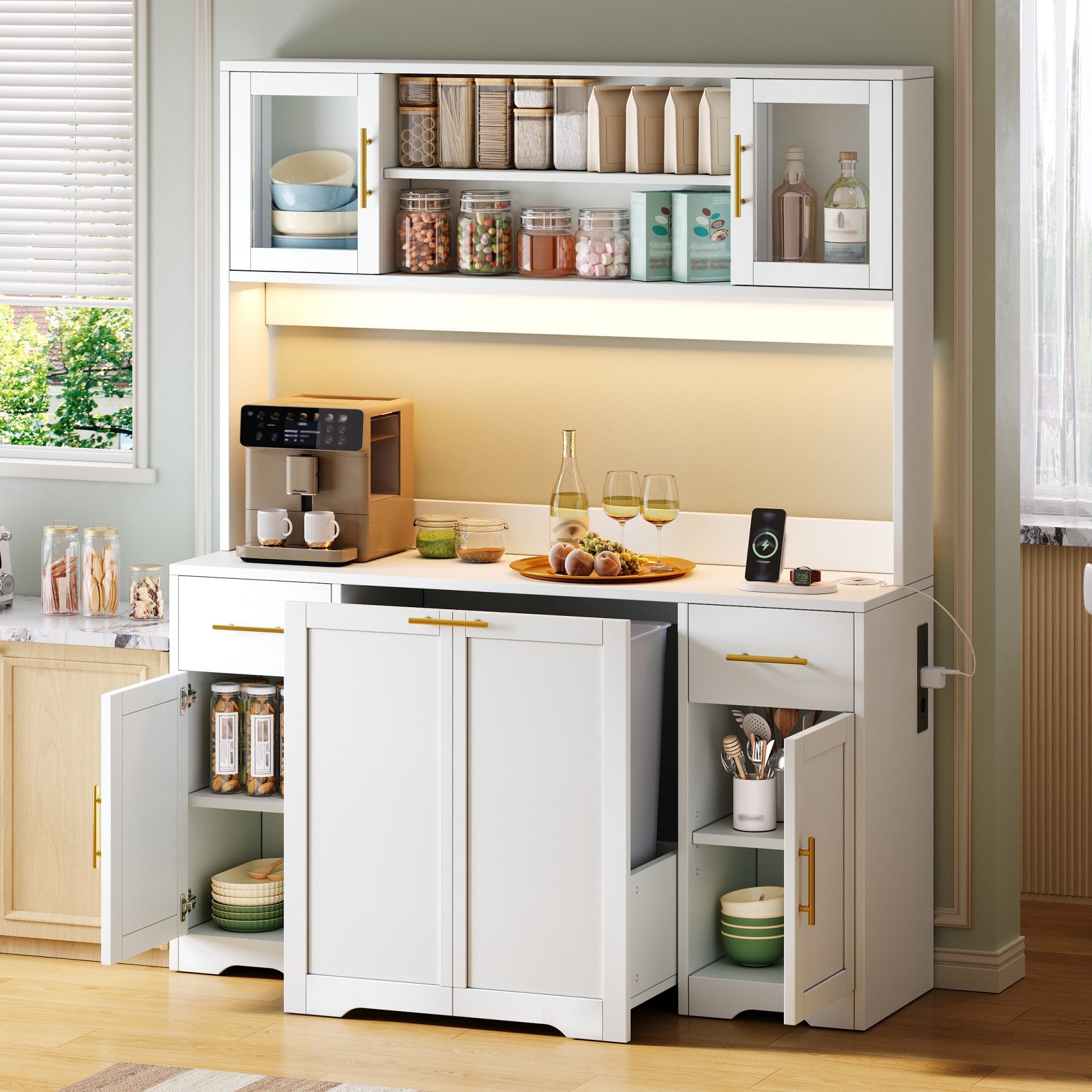 Flieks Küchenbuffet Hochschrank mit Arbeitsplatte, Steckdosen, ausziehbaren Abfalleimern (B140/T40/H173 cm, 1-St) Mehrzweckschrank mit doppeltem Müllfach, verstellbarer Einlegeböden