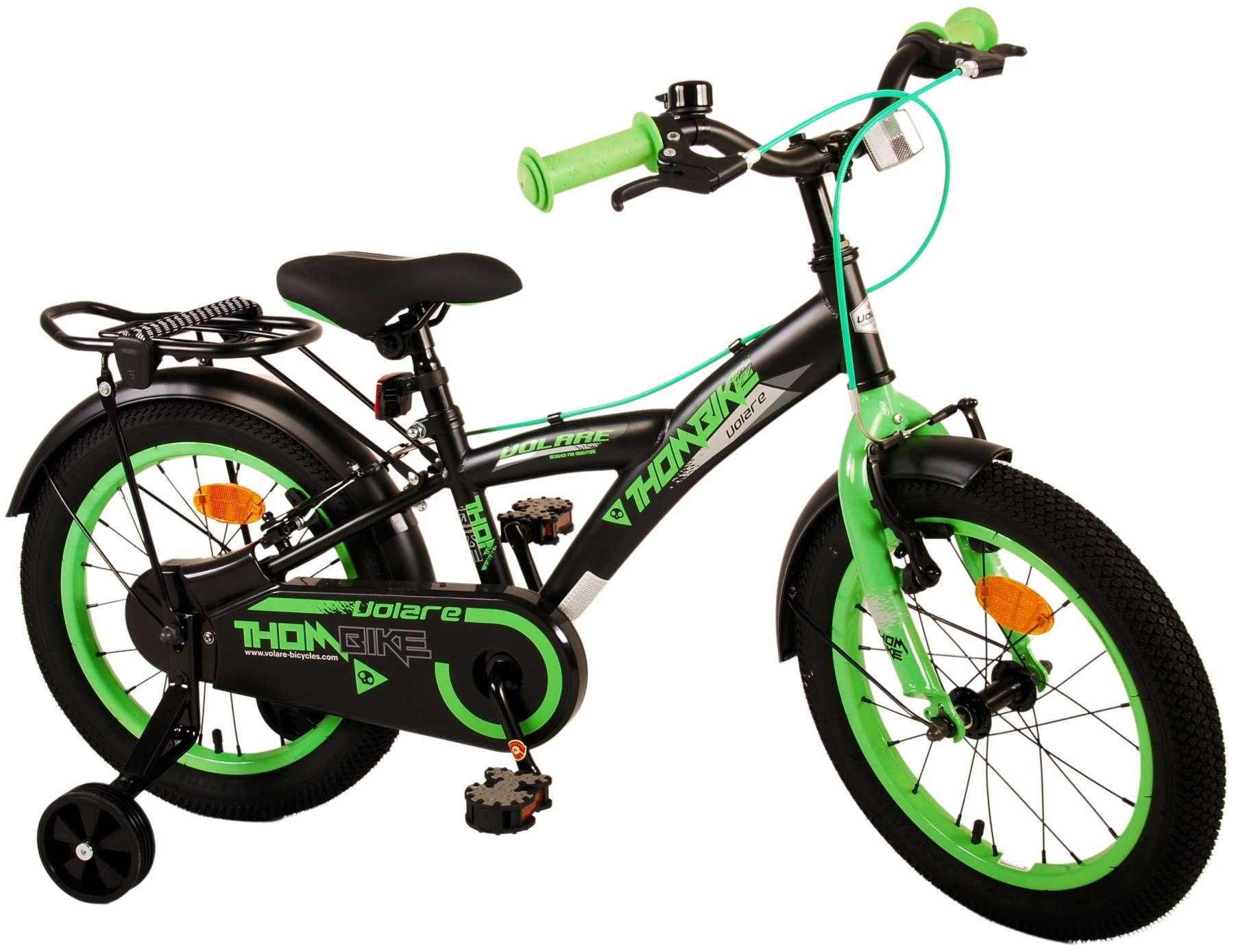 Volare Kinderfahrrad Thombike - 16 oder 18 Zoll - Zweihandbremsen - bis 60 kg, 85% zusammengebaut, 4 - 7 Jahre, Luftbereifung schwarz-grün