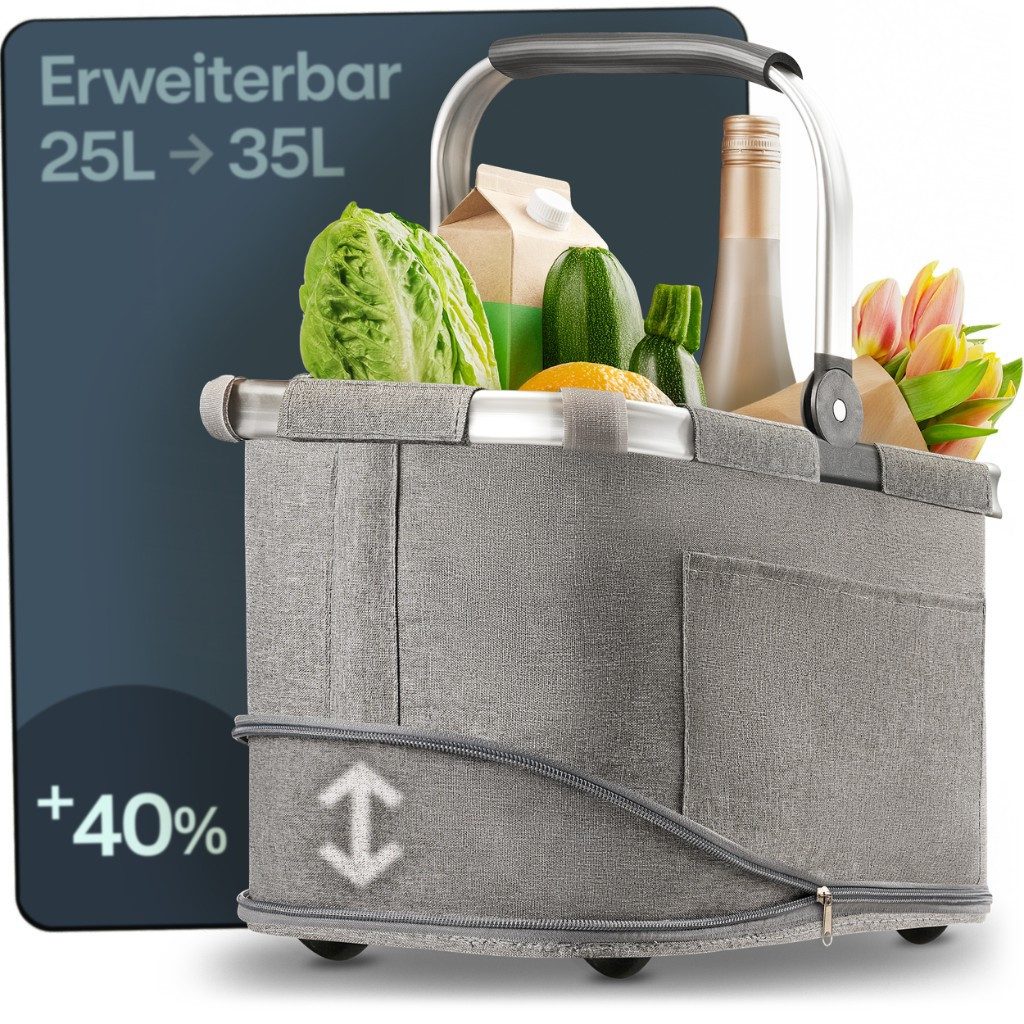 Praknu Einkaufskorb Einkaufskorb Faltbar – 2 in 1 Erweiterbar, Waschbarer Bezug, Tragekorb, 35 l, Stabil mit Alurahmen & Verstärktem Boden – Extra Fächer innen & außen