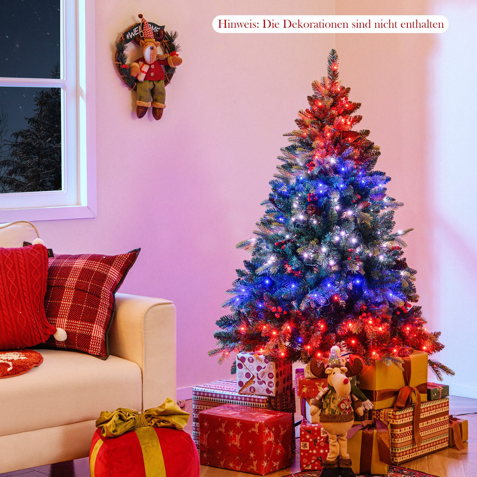 COSTWAY Künstlicher Weihnachtsbaum, 150cm, 250 mehrfarbige LEDs, 584 Zweige