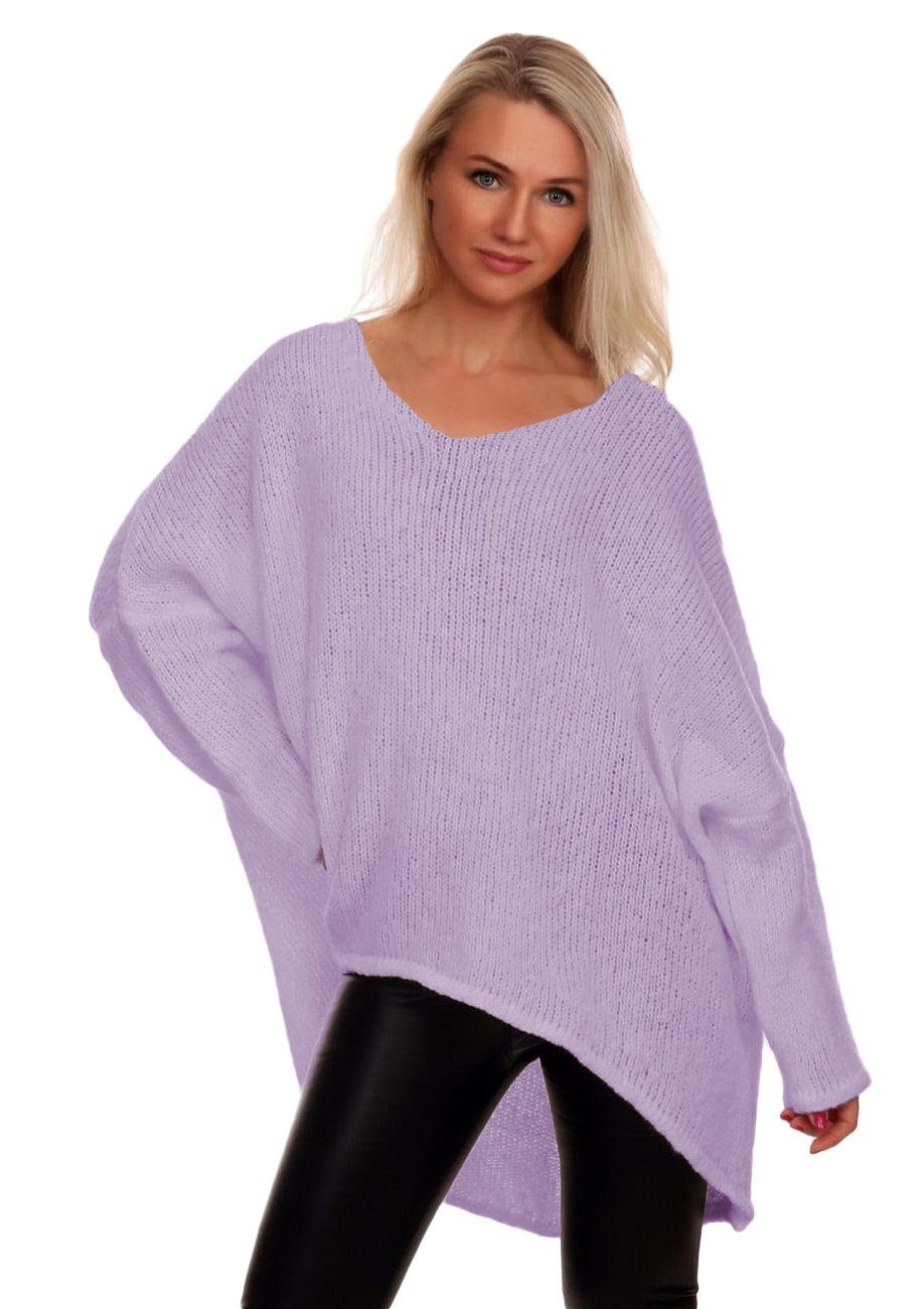 Charis Moda Strickpullover V-​Ausschnitt im Oversized Look vorne kurz hinten lang Flieder