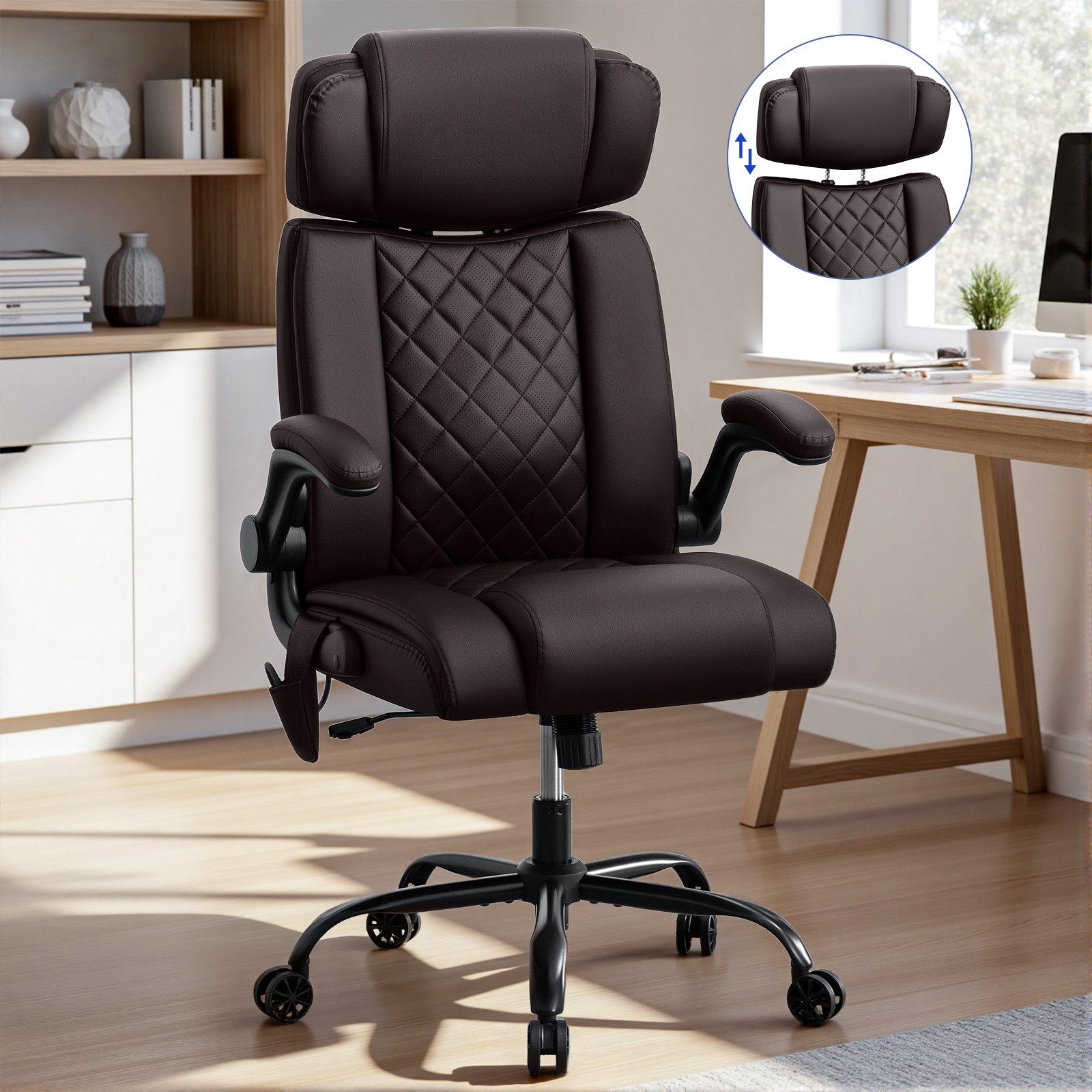 Insma Bürostuhl Ergonomischer Bürostuhl Gaming-Stuhl Drehstuhl Chefsessel Kunstleder (mit hochklappbare Armlehnen, hoher Rückenlehne und Lendenstütze), höhenverstellbare Kopfstütze, belastbar bis 200kg