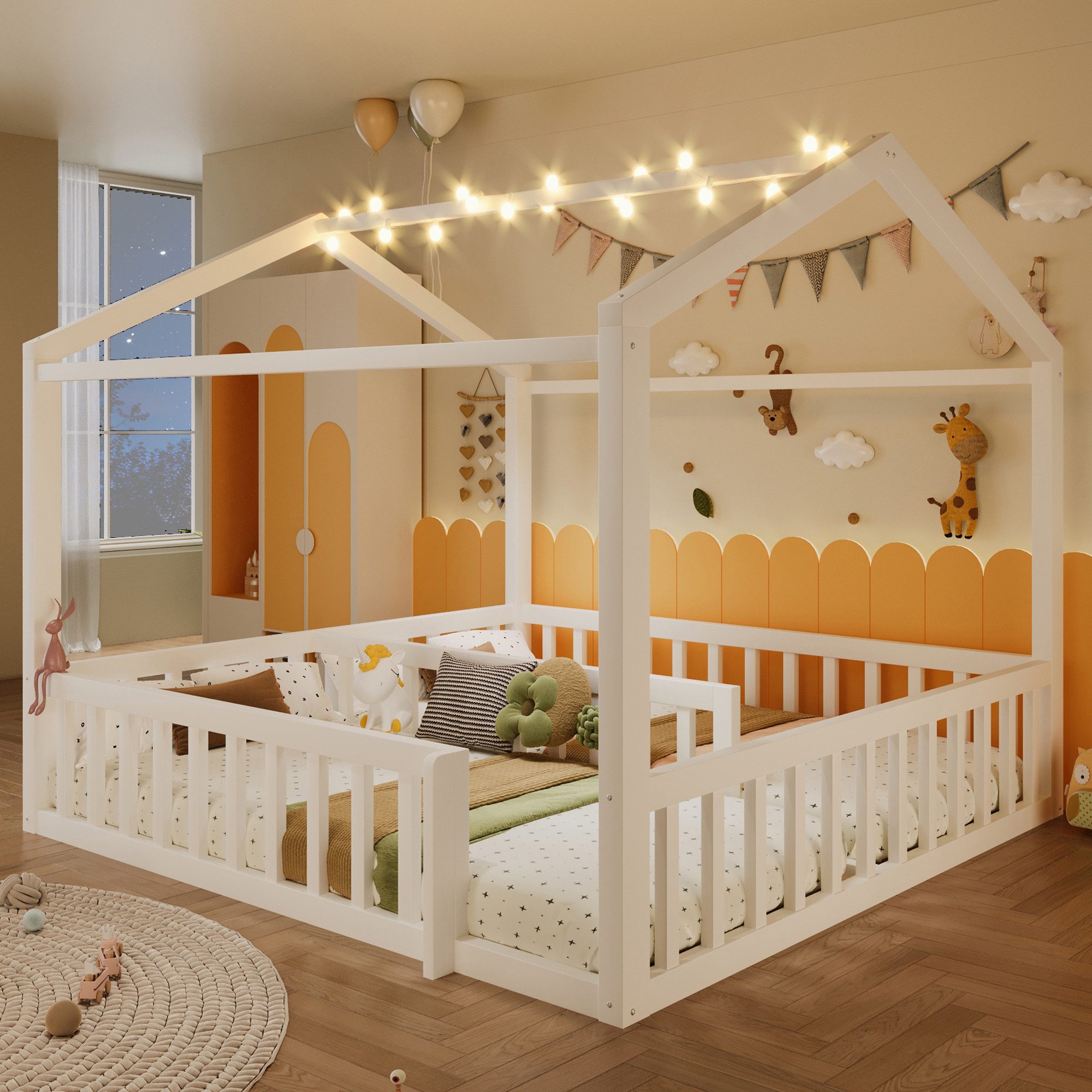 REDOM Kinderbett Holzbett Funktionsbett (mit LED & Sicherheitsgitter aus Kiefernholz, 90x190cm*2/180x190cm), ohne Matratze