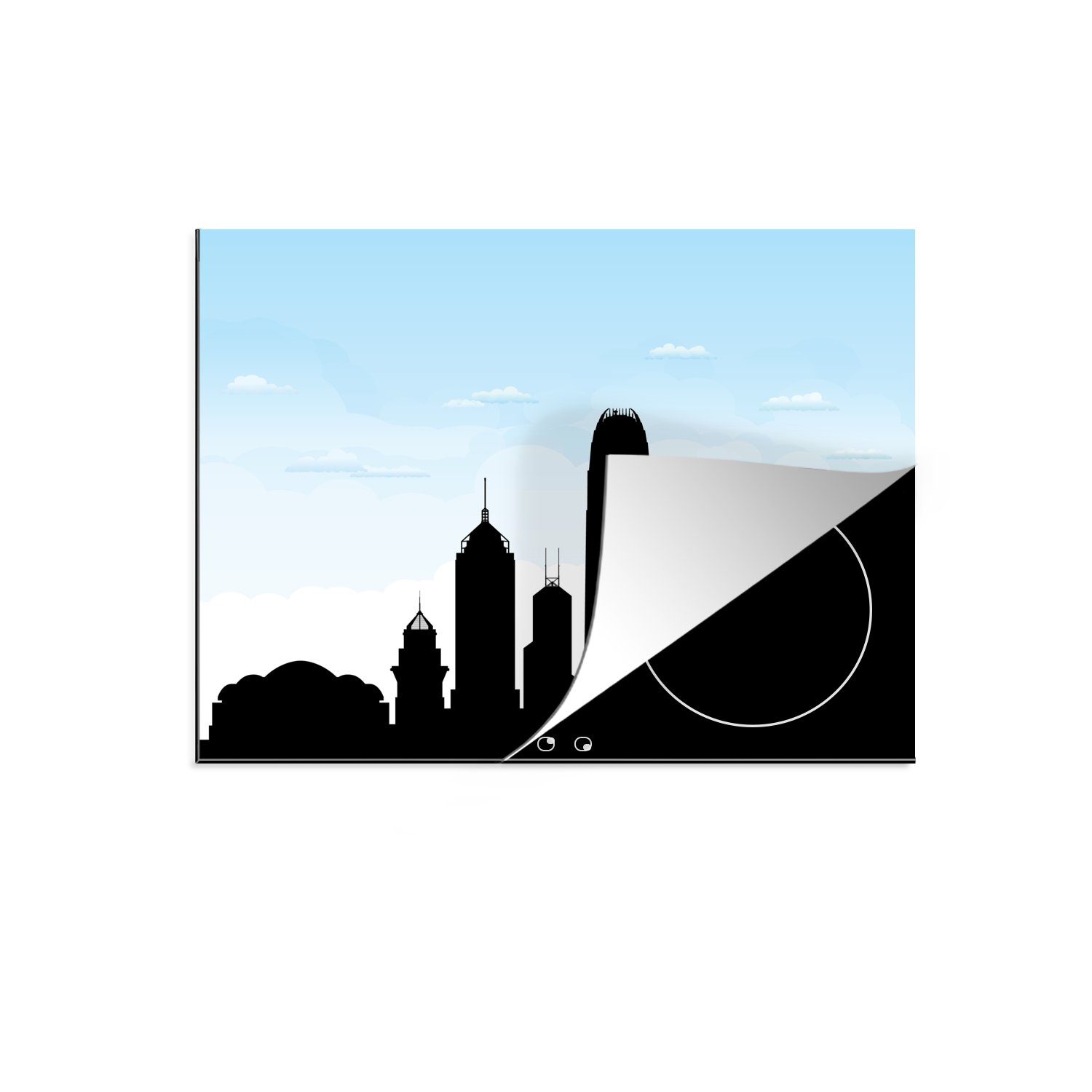 MuchoWow Herdblende-/Abdeckplatte Illustration der Silhouette von Hongkong unter einem hellblauen Himmel, Vinyl, (1 tlg), 57x51 cm, Induktionsschutz, Induktionskochfeld, Ceranfeldabdeckung