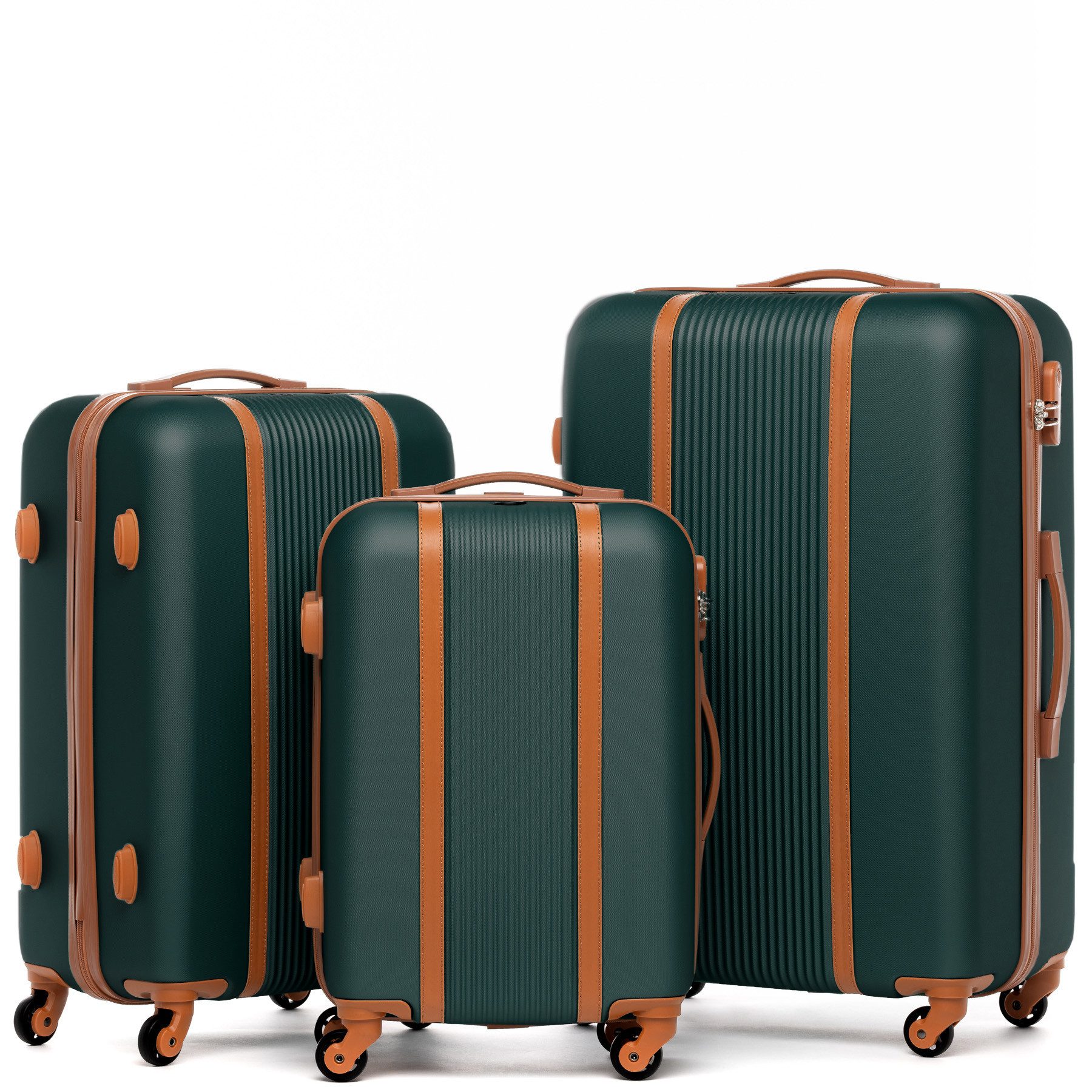 FERGÉ Kofferset Hartschale 3 teilig Koffer Set MILANO Dark-Green, 4 Rollen, (3er Kofferset stabil und leicht mit Zahlenschloß, 3 tlg., Hartschalen-Trolley Set 3 Größen Handgepäck Koffer M XL), Trolley 3er Koffer Set, Reisekoffer 4 Rollen, Premium Rollkoff
