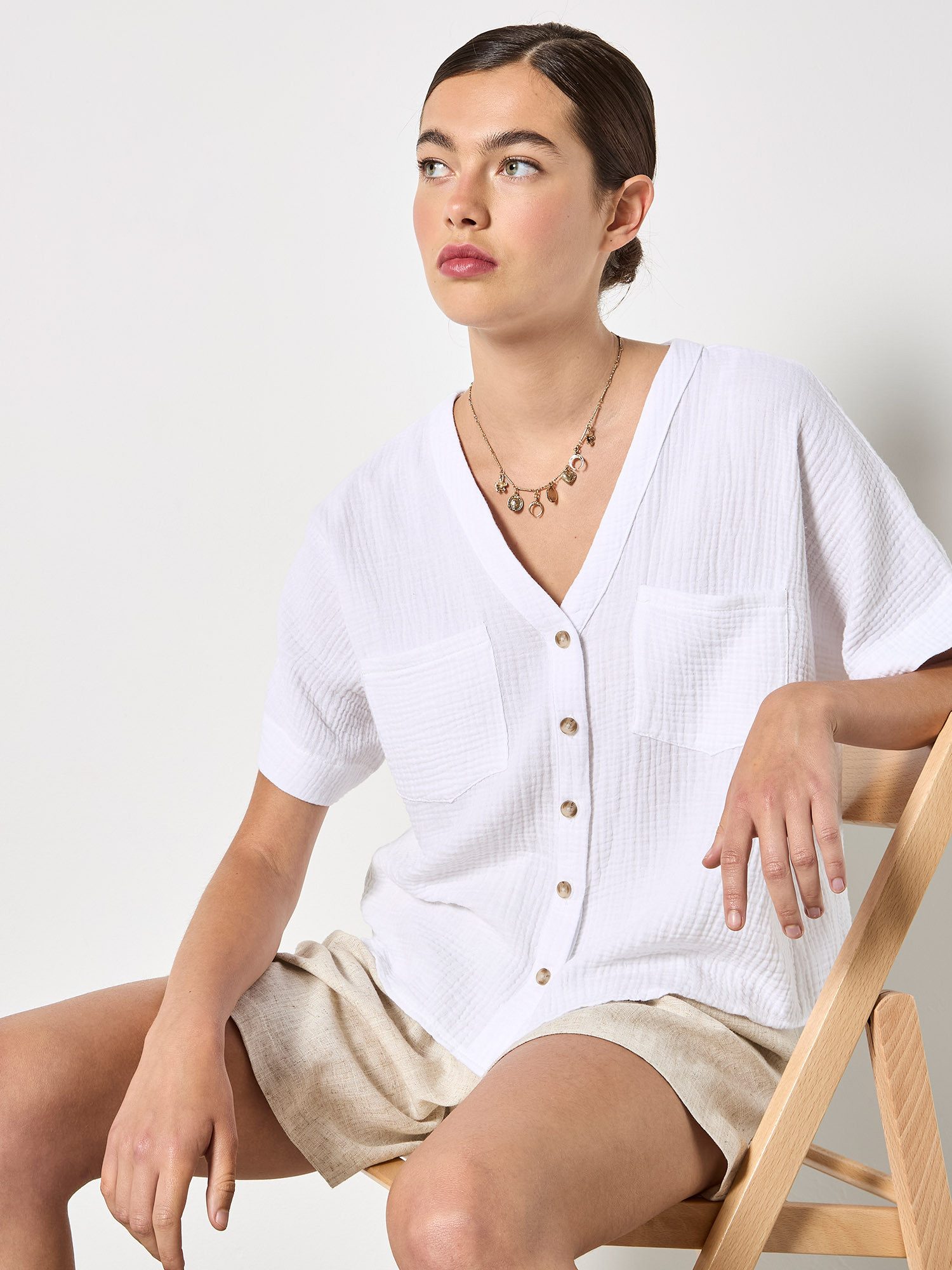 Apricot Blusentop Strukturierte Bluse mit V-Ausschnitt Einfarbig