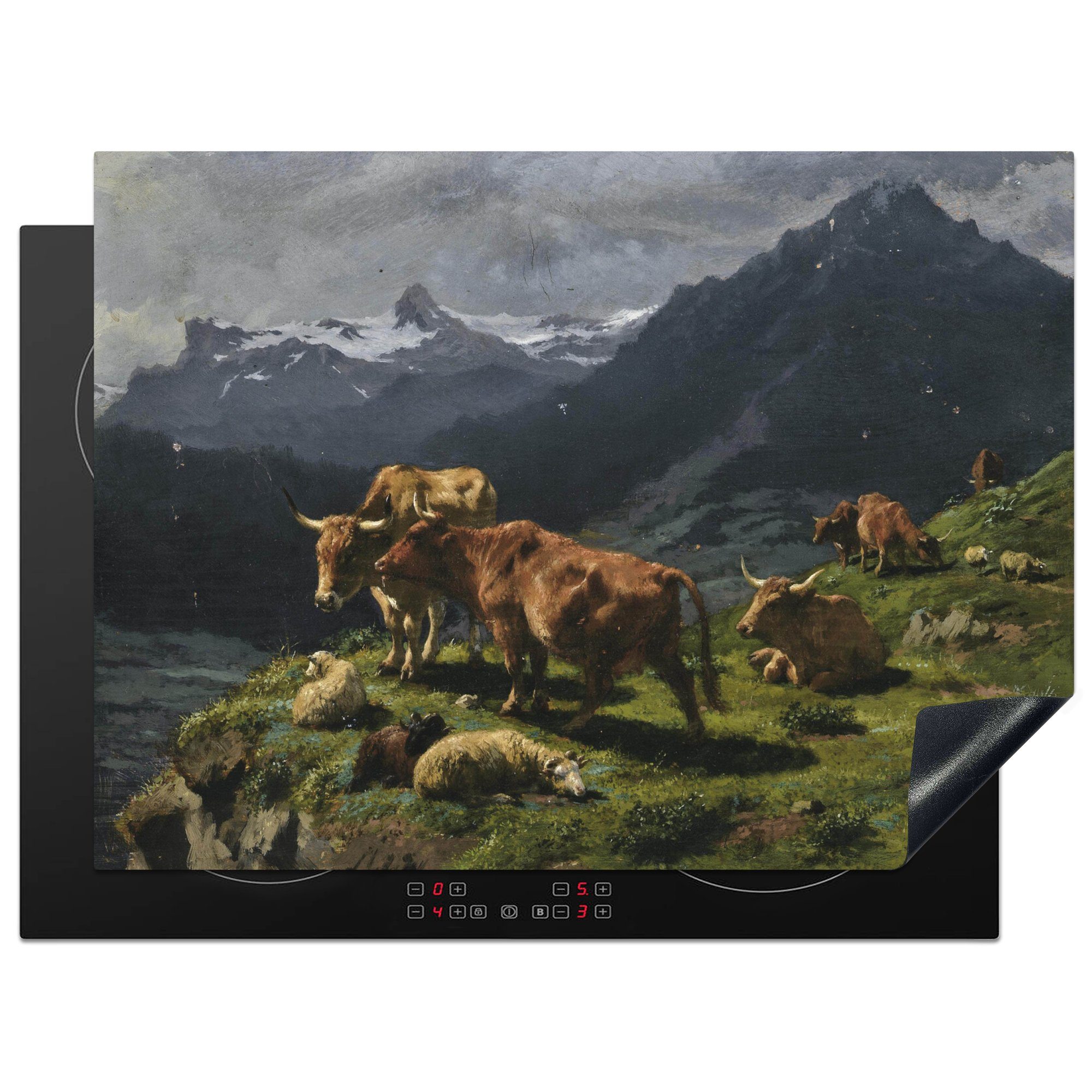 MuchoWow Herdblende-/Abdeckplatte Rinder und Schafe in einer Alpenlandschaft - Gemälde von Rosa Bonheur, Vinyl, (1 tlg), 70x52 cm, Mobile Arbeitsfläche nutzbar, Ceranfeldabdeckung