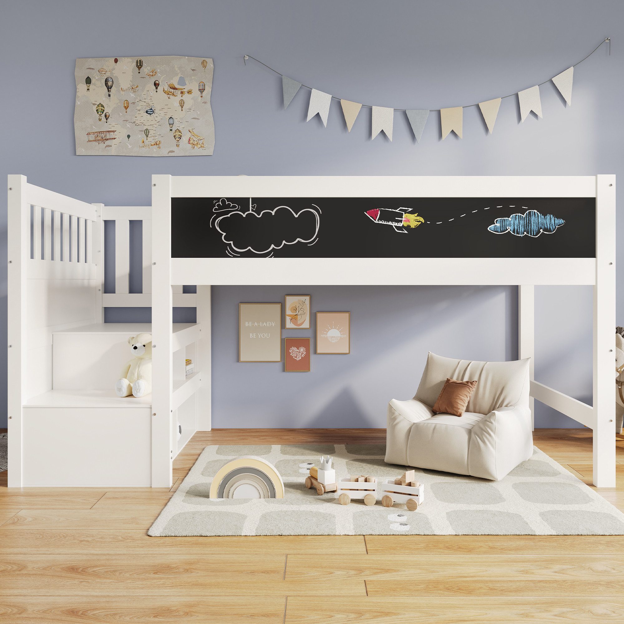 Flieks Kinderbett, Massivholz Hochbett mit Tafel günstig online kaufen