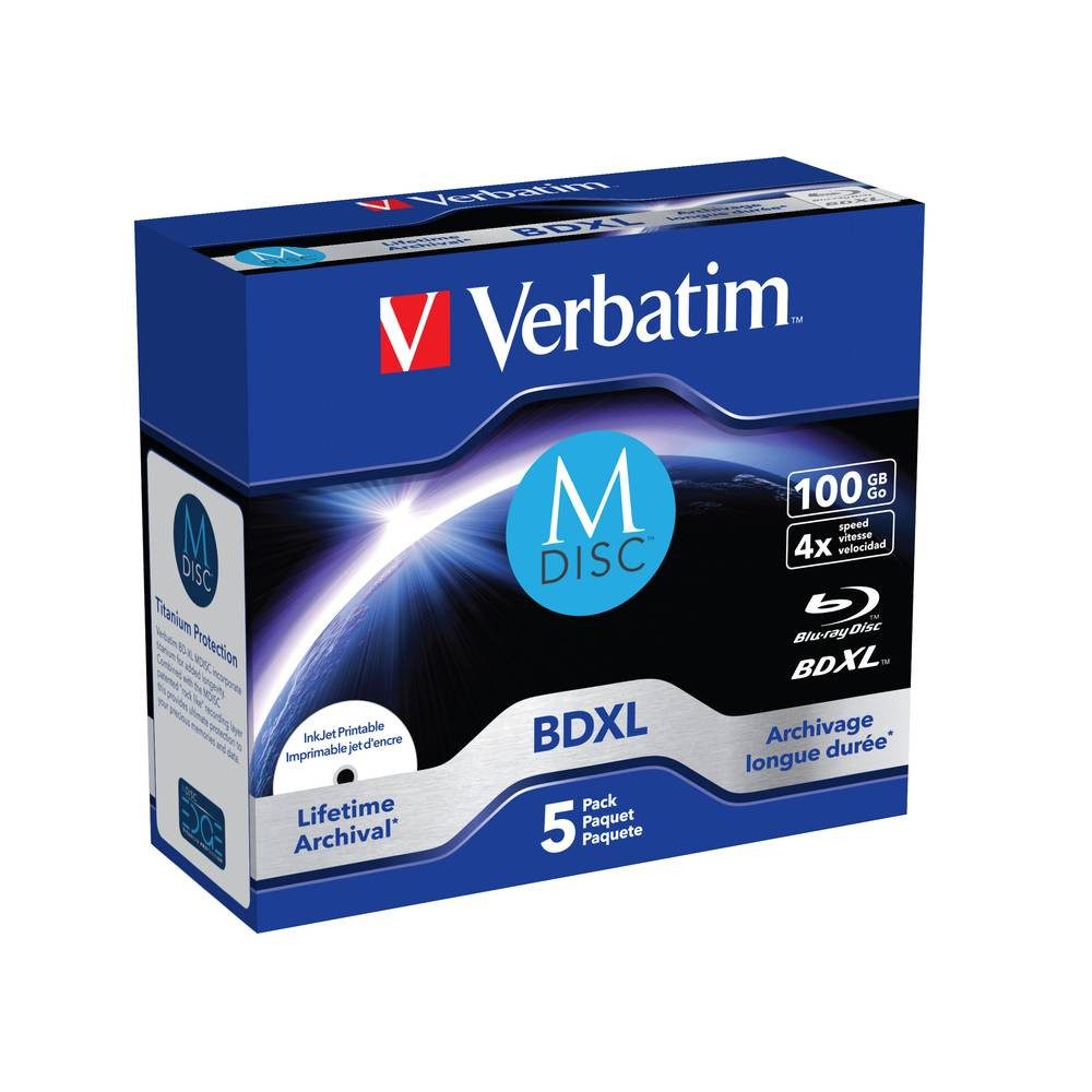 Verbatim Blu-ray-Rohling M-Disc BR-D XL 100GB 4x 5er 43834, Bedruckbar