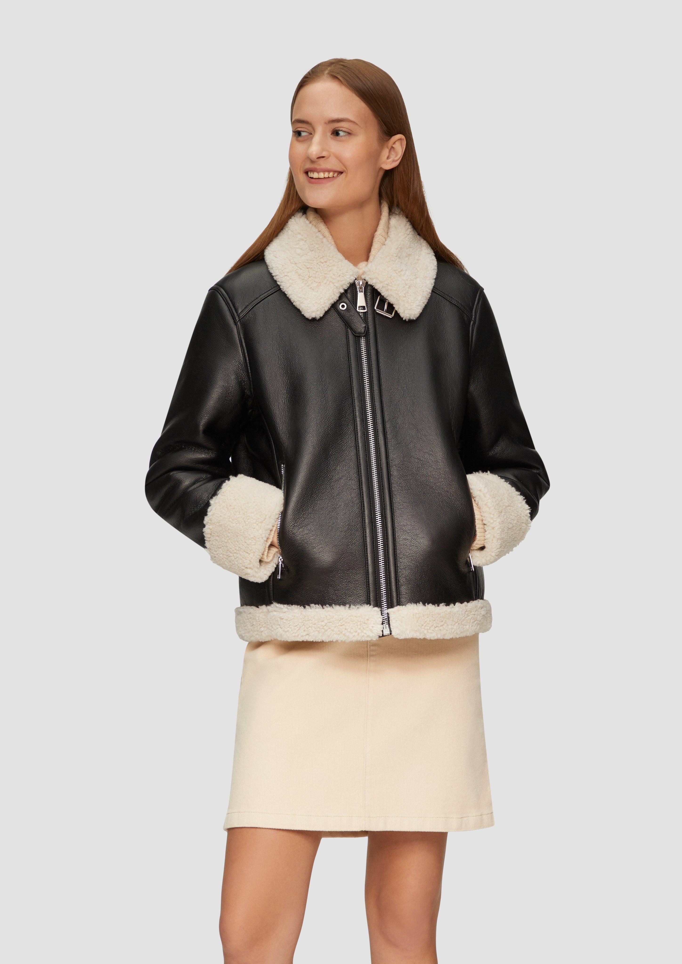 s.Oliver Funktionsjacke Jacke aus Lederimitat mit Teddyplüsch