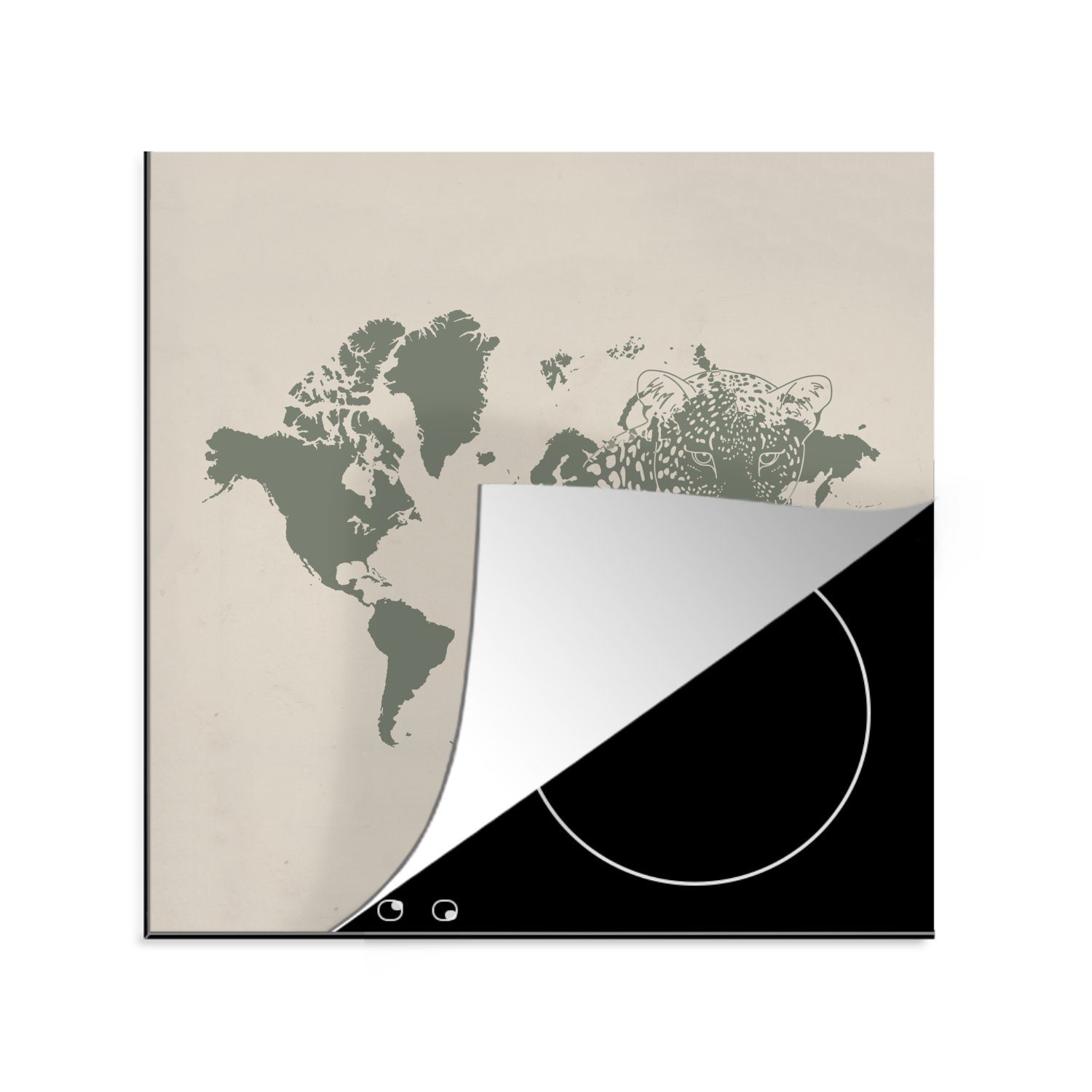 MuchoWow Herdblende-/Abdeckplatte Weltkarte - Grau - Panther, Vinyl, (1 tlg), 78x78 cm, Ceranfeldabdeckung, Arbeitsplatte für küche