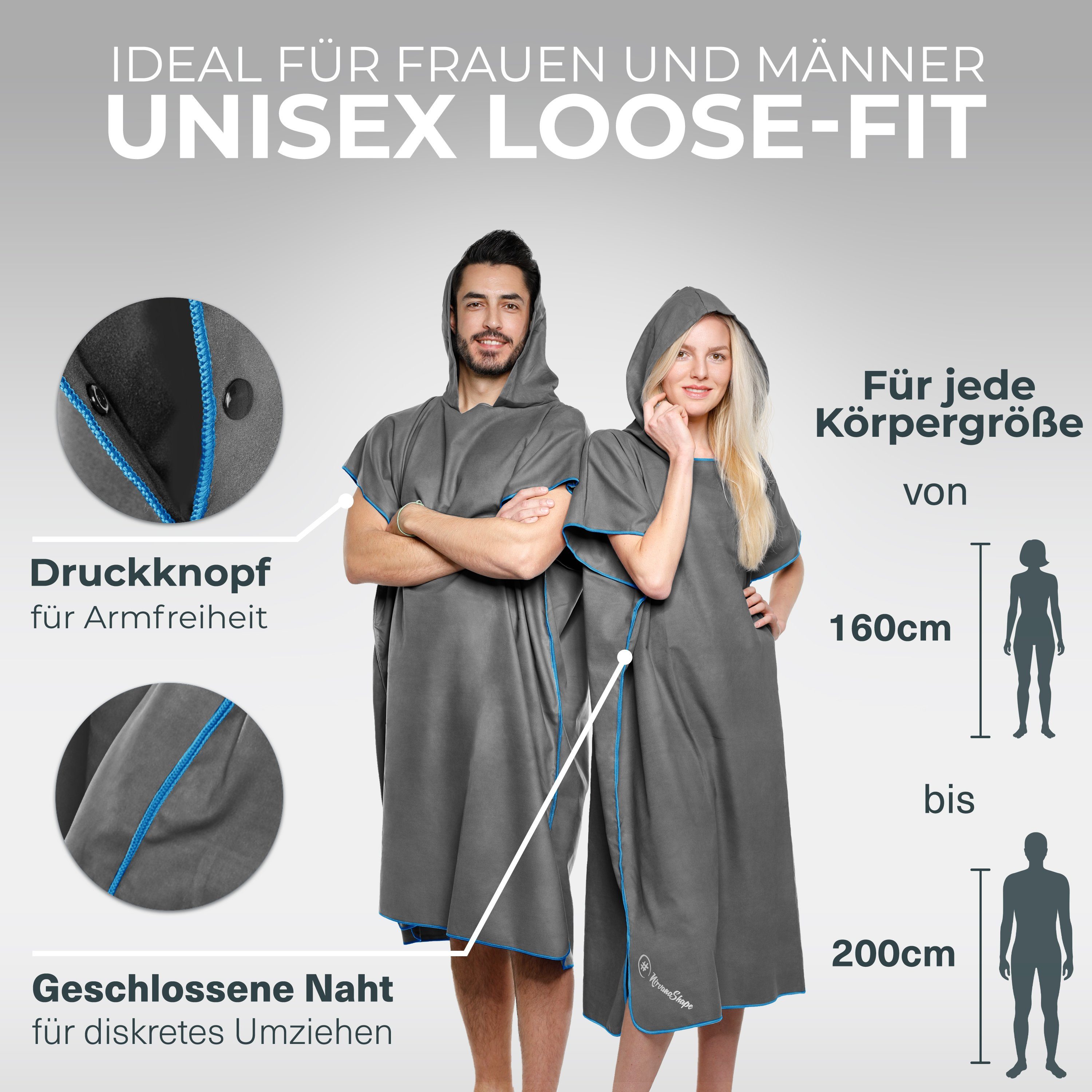 NirvanaShape Handtücher Handtuch-Poncho, Umziehhilfe & Handtuch zugleich Surf-Poncho, Quick-dry Funktion, Ideal auf Reisen zum Surfen, Strand