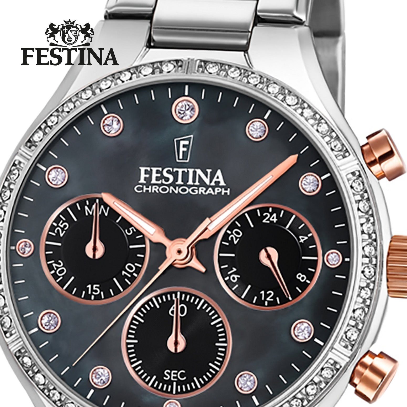 Festina Chronograph Festina Damen Uhr F20401/4 Edelstahl, (Chronograph), Damen Armbanduhr rund, Edelstahlarmband silber