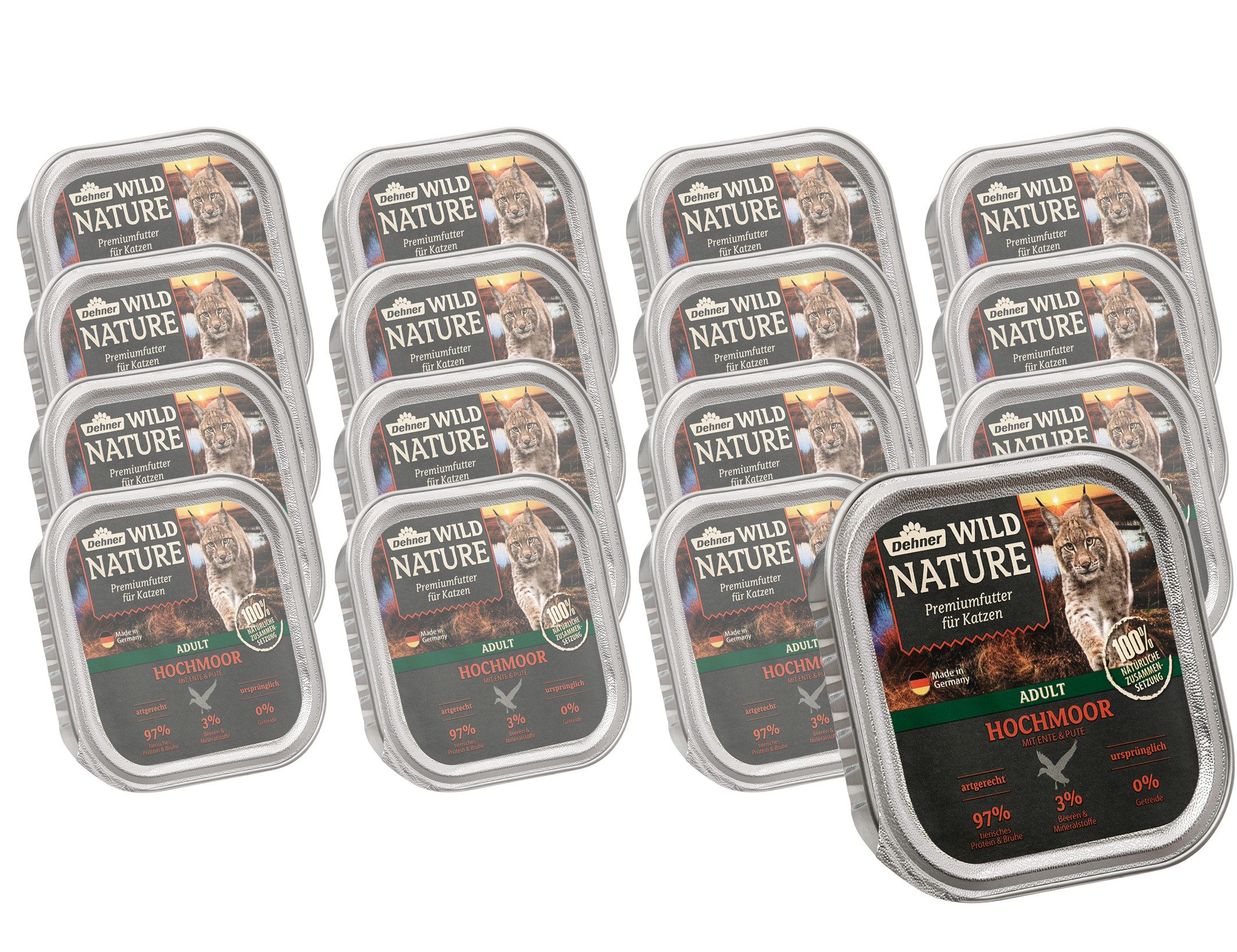 Dehner Katzenfutter, Adult Hochmoor, Ente/Pute 16 x 100 g Ente, Nassfutter für: Katze