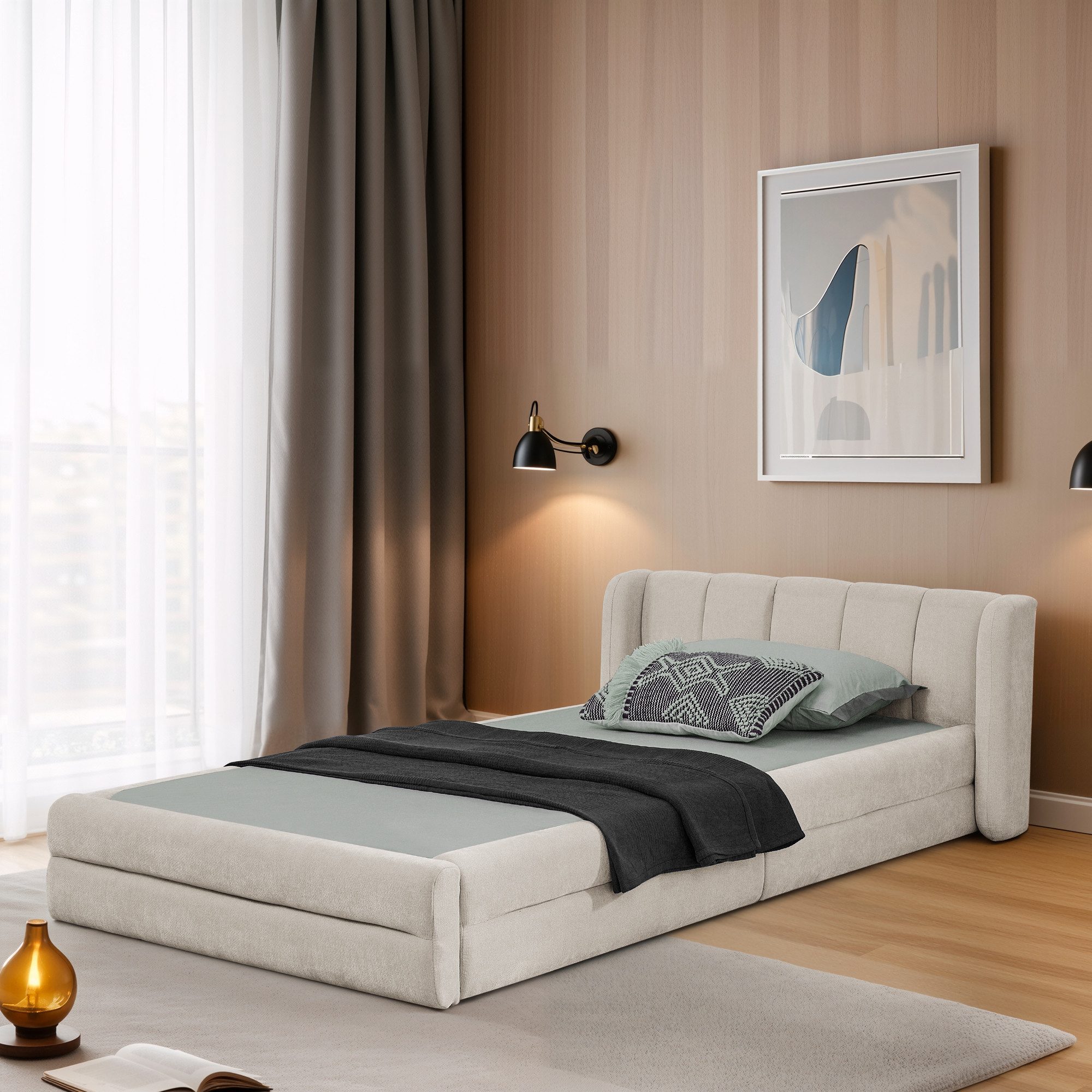 REDOM Polsterbett 90x200 cm mit gepolstertem Kopfteil, Beige (Kinderbett mit Lattenrost, 1-tlg., Robuste Konstruktion, ohne Matratze), Komfortable Rückenlehne, Eukalyptus- & Eisengestell